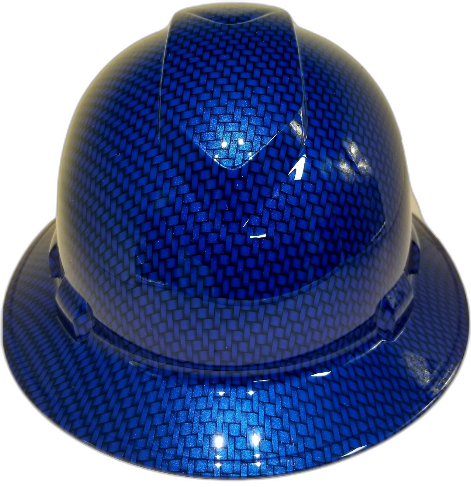 Electric Blue Big Weave Carbon Fiber Custom Hydro Dipped Full Brim Hard Hat - Front View