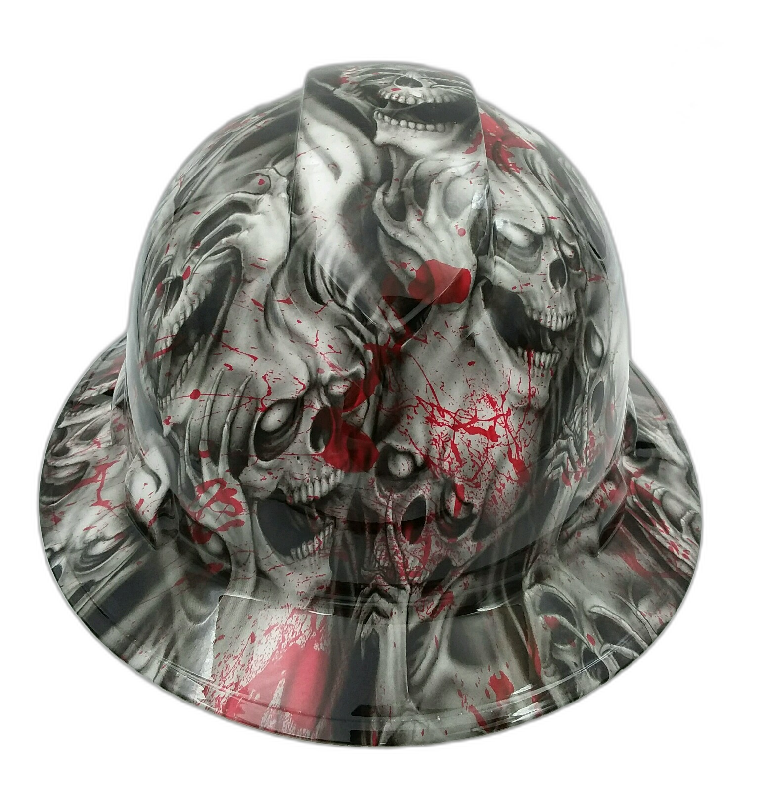 Deep Red Skull Art Custom Hydro Dipped Full Brim Hard Hat - Front View