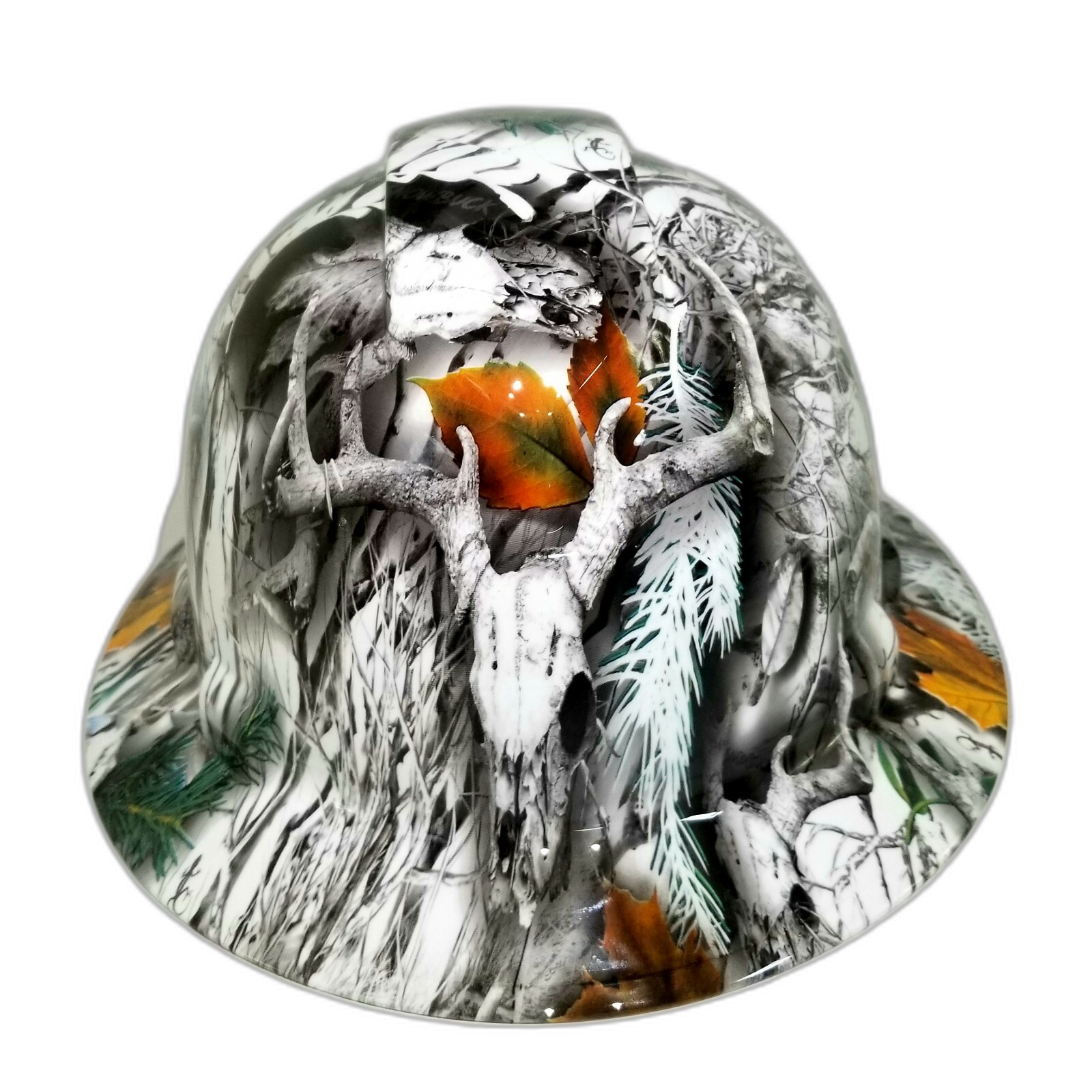 Snow Buck Camo Deer Hunter Custom Hydro Dipped Full Brim Hard Hat - Front View