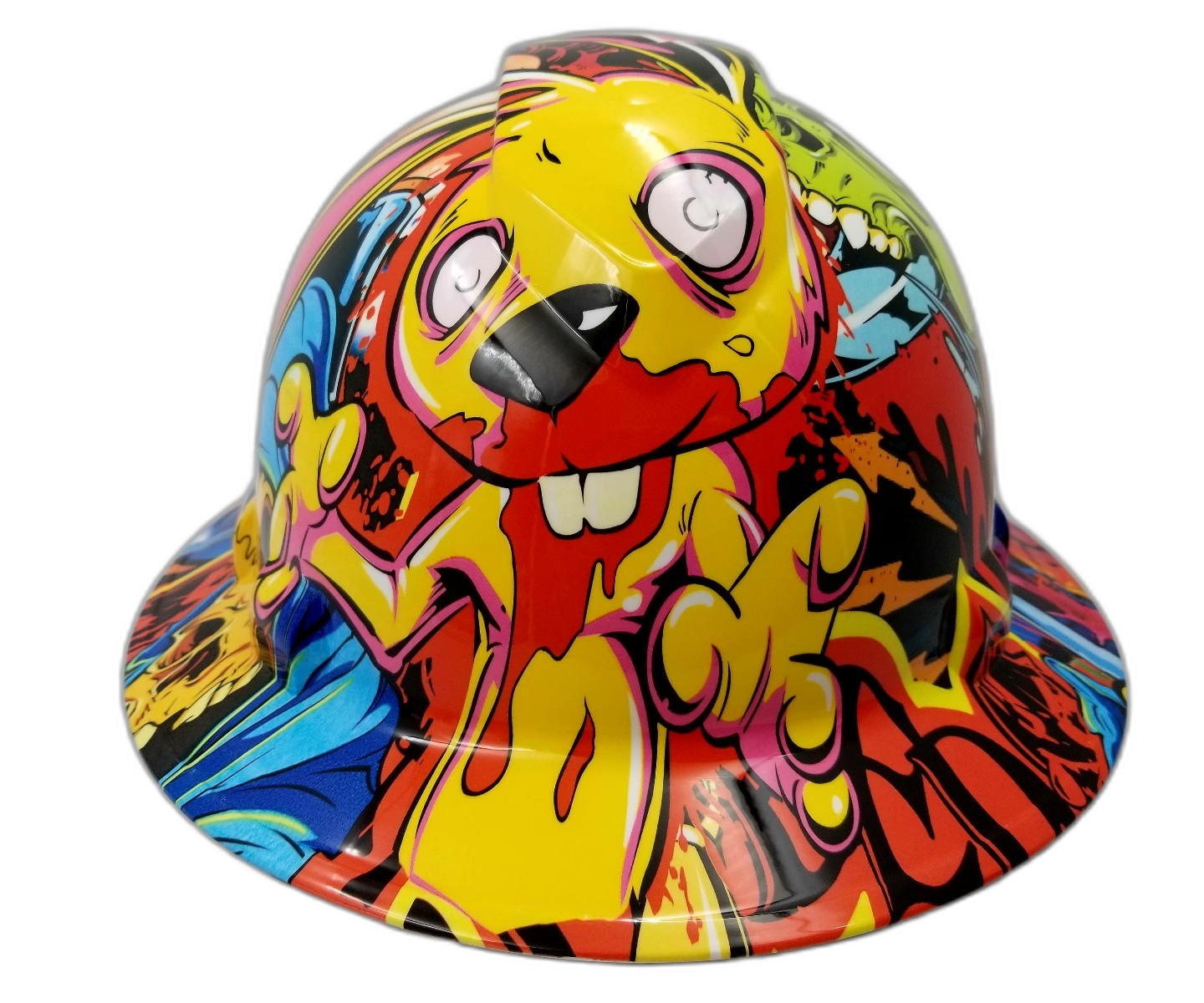 Graffiti Rabbit Art Custom Hydro Dipped Full Brim Hard Hat - Front View