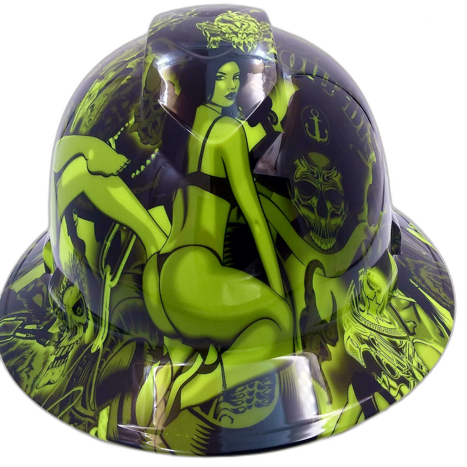 Lime Green Biker Art Custom Hydro Dipped Full Brim Hard Hat - Front View