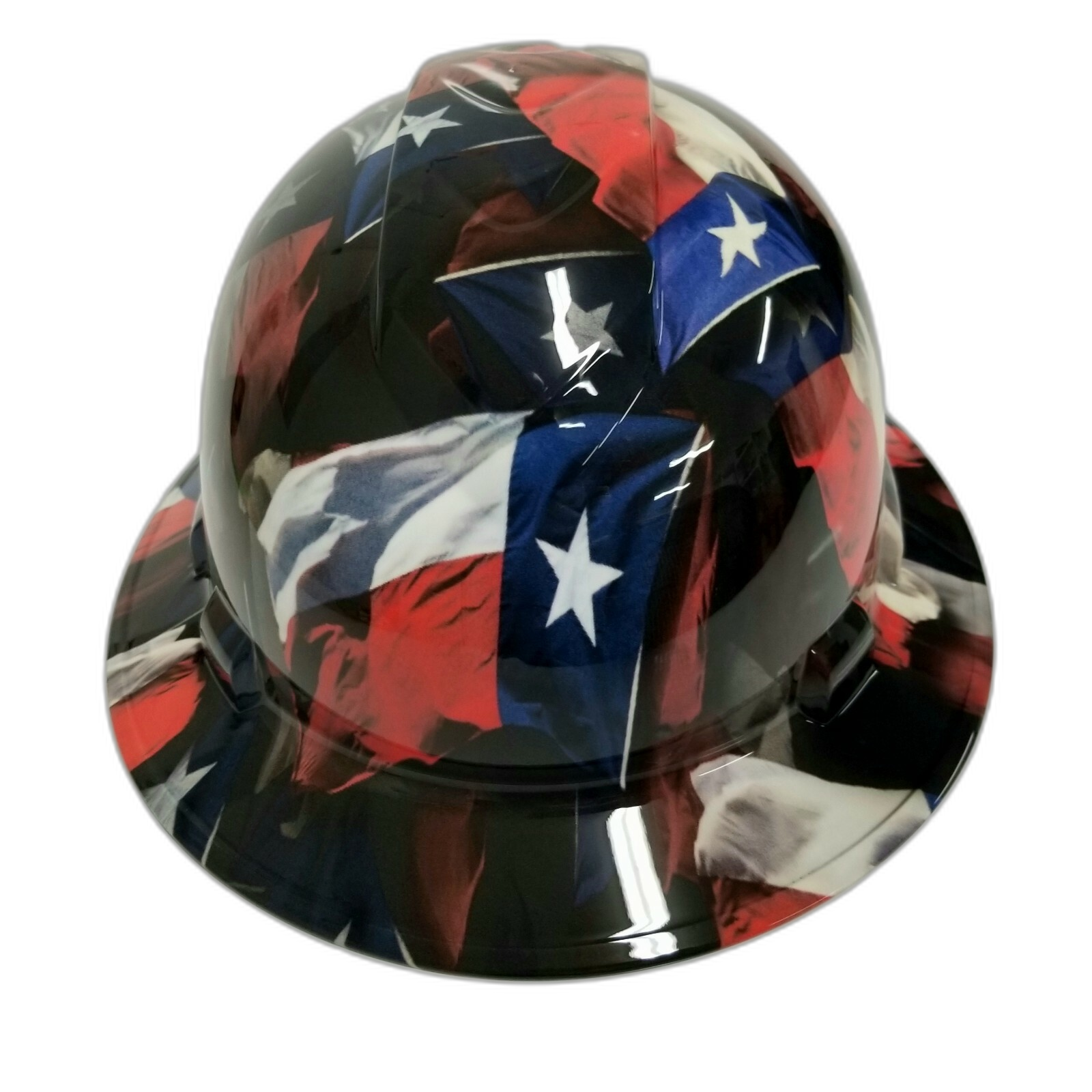 Big Texas Flag in Your Face Custom Hydro Dipped Full Brim Hard Hat - Front View