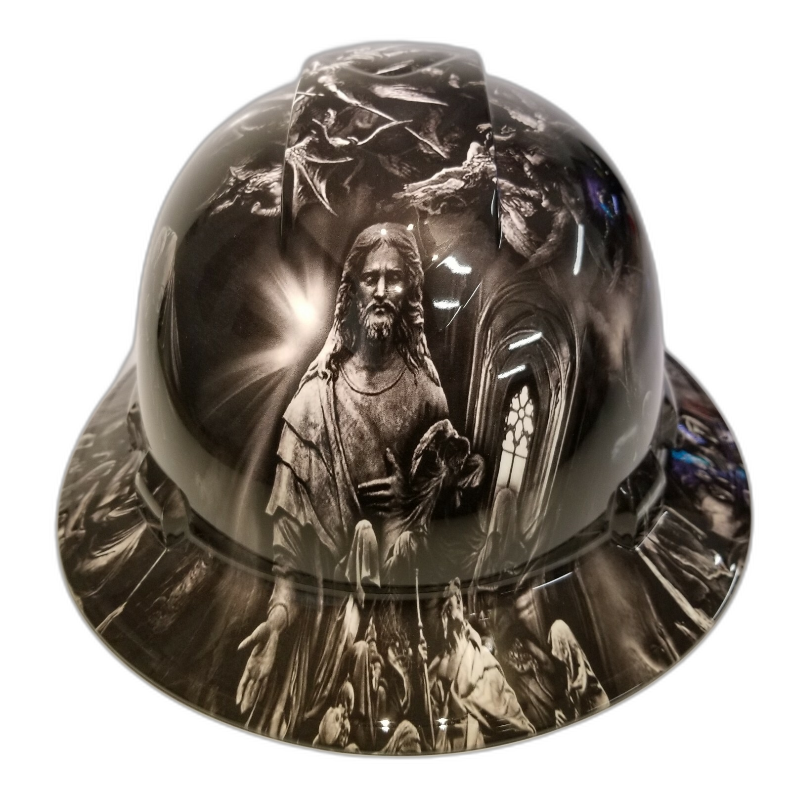 Jesus With Angels Premium Custom Hydro Dipped Full Brim Hard Hat - Front View