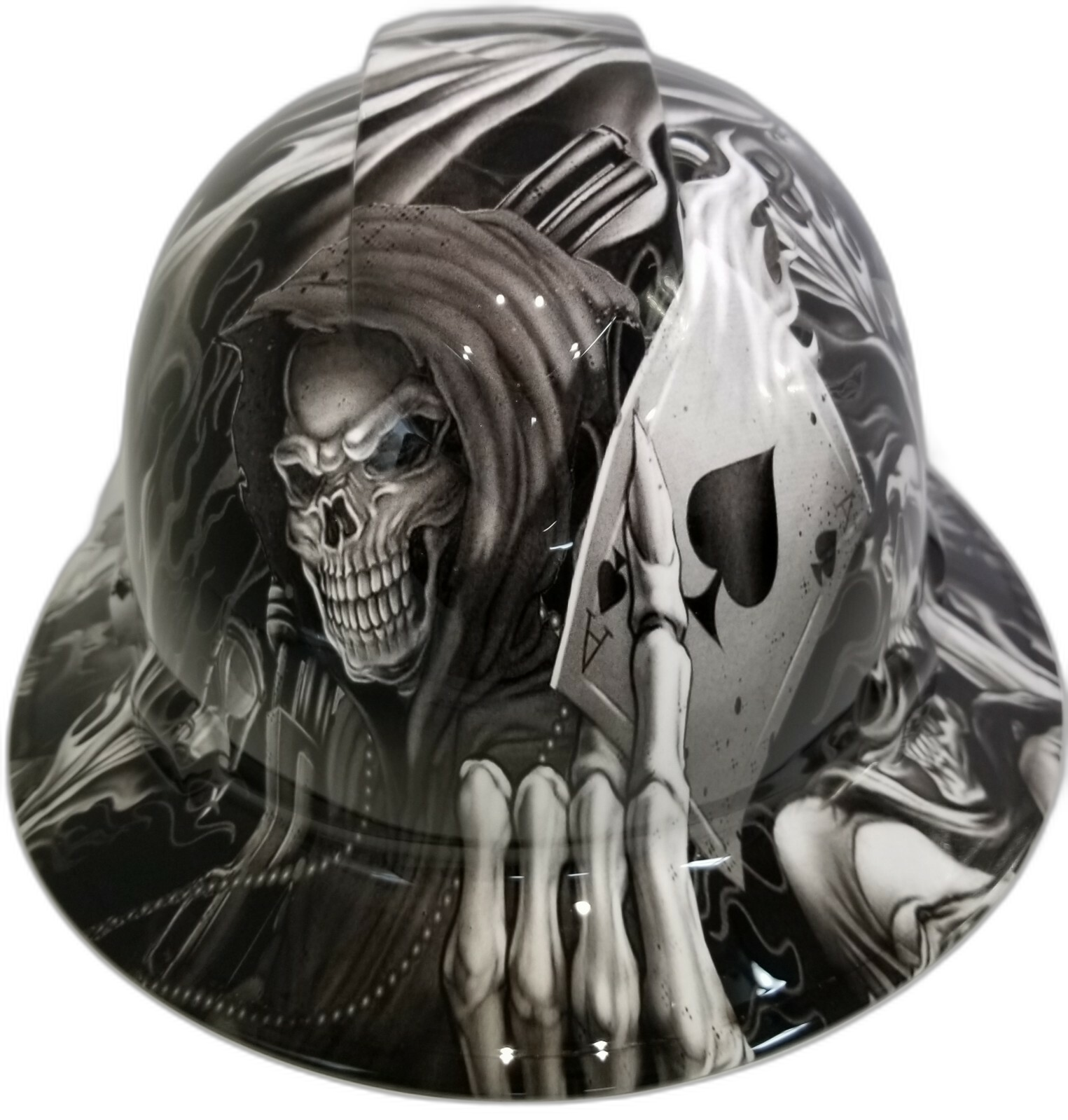 Black and White Ace of Skulls Custom Hydro Dipped Full Brim Hard Hat - Front View
