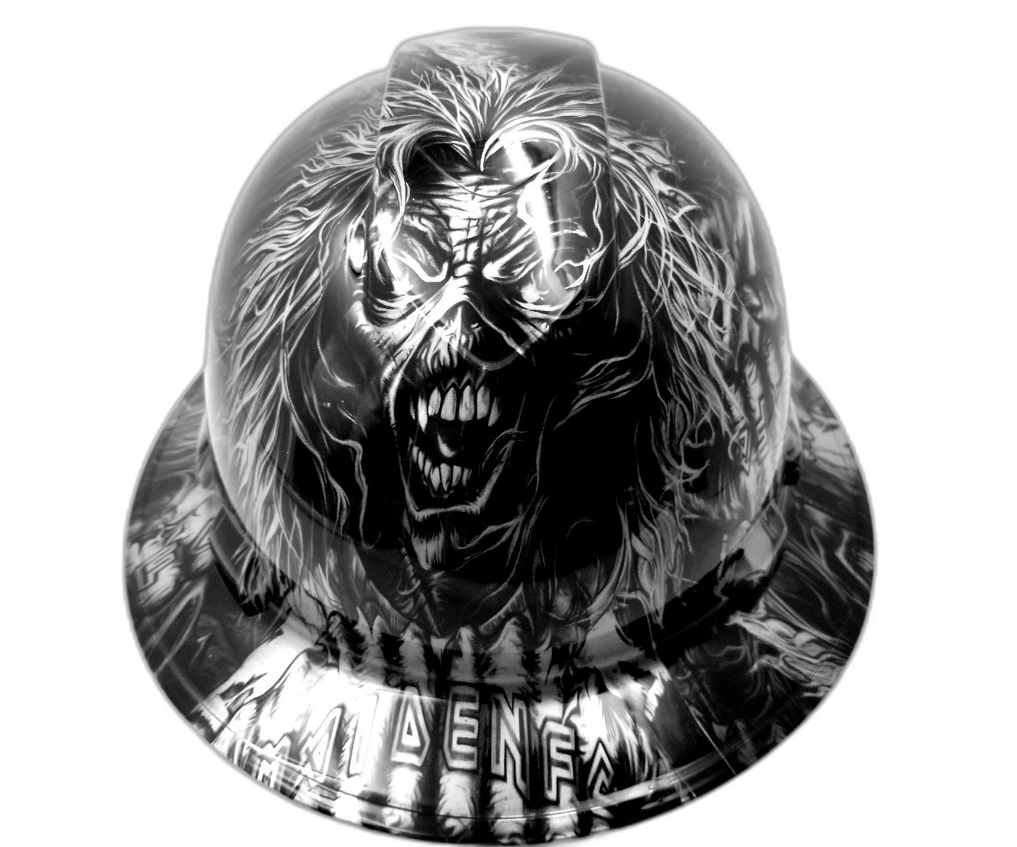 Heavy Metal Mascot Rock Custom Hydro Dipped Full Brim Hard Hat - Front View