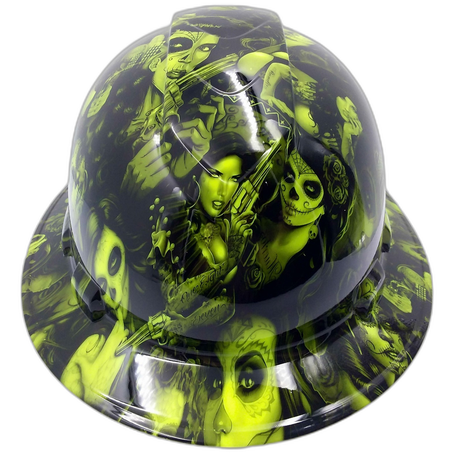 Green Tattoo Art Bandito Custom Hydro Dipped Full Brim Hard Hat - Front View