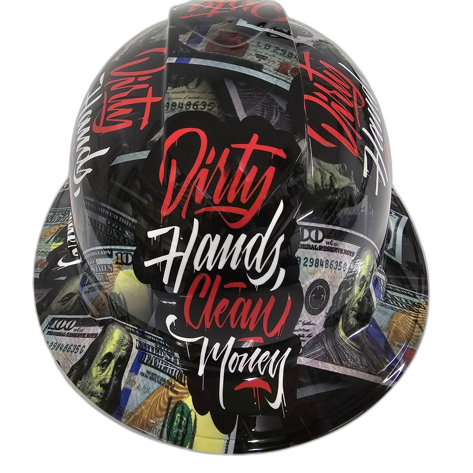 Dirty Hands Clean Money Custom Hydro Dipped Full Brim Hard Hat - Front View