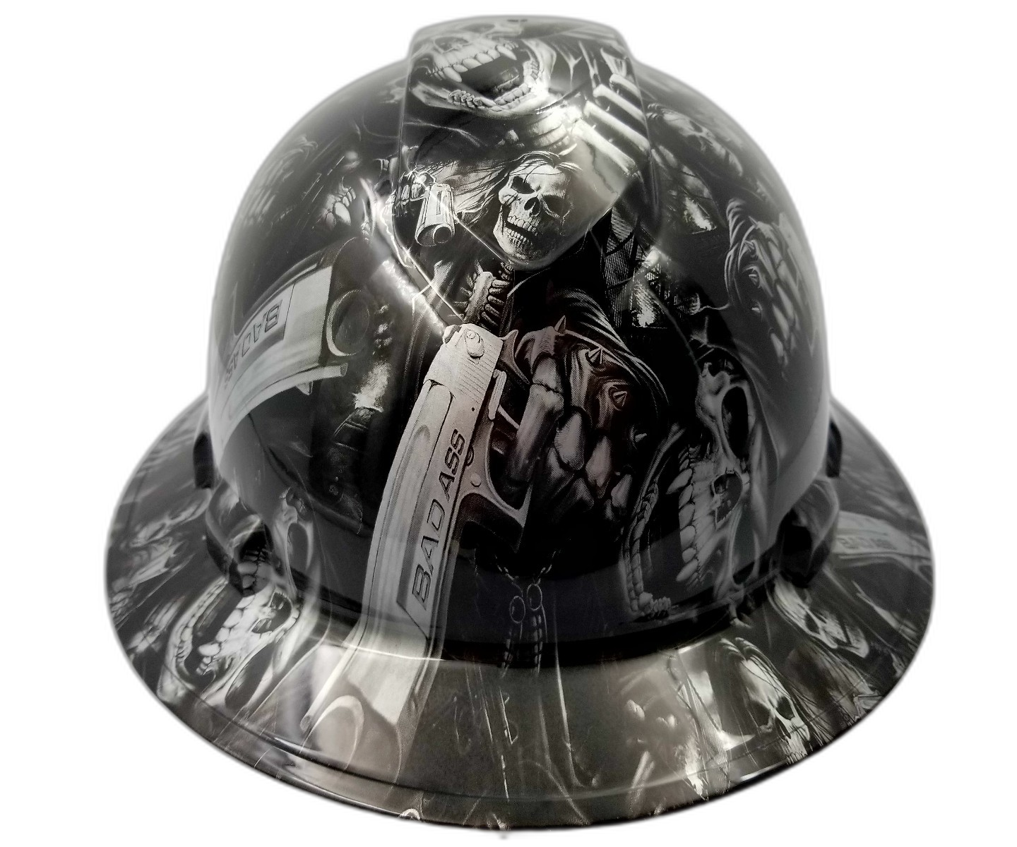 Silver Grim Reaper Skull Custom Hydro Dipped Full Brim Hard Hat - Front View