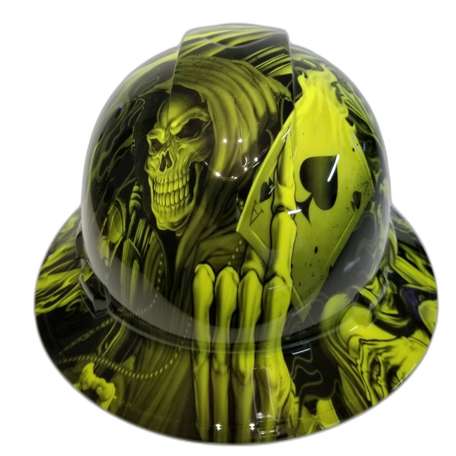 Hi Vis Green Ace of Skulls Custom Hydro Dipped Full Brim Hard Hat - Front View