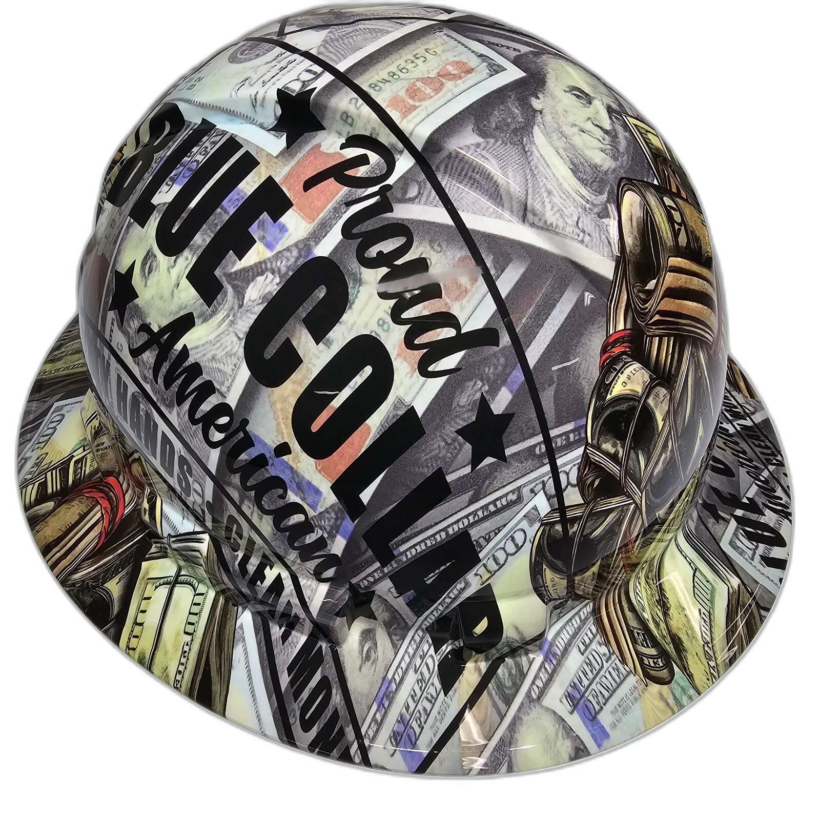 Blue Collar Dirty Hands Clean Money Custom Hydro Dipped Full Brim Hard Hat - Front View