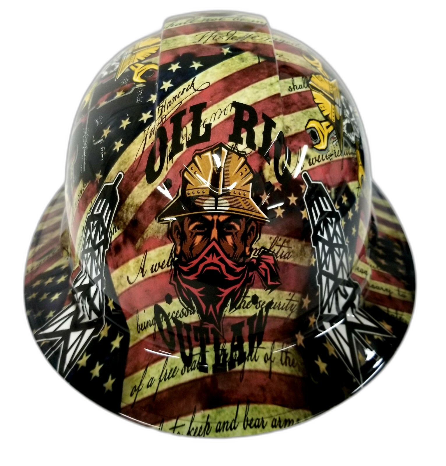 Oil Rig Outlaw Roughneck Custom Hydro Dipped Full Brim Hard Hat - Front View