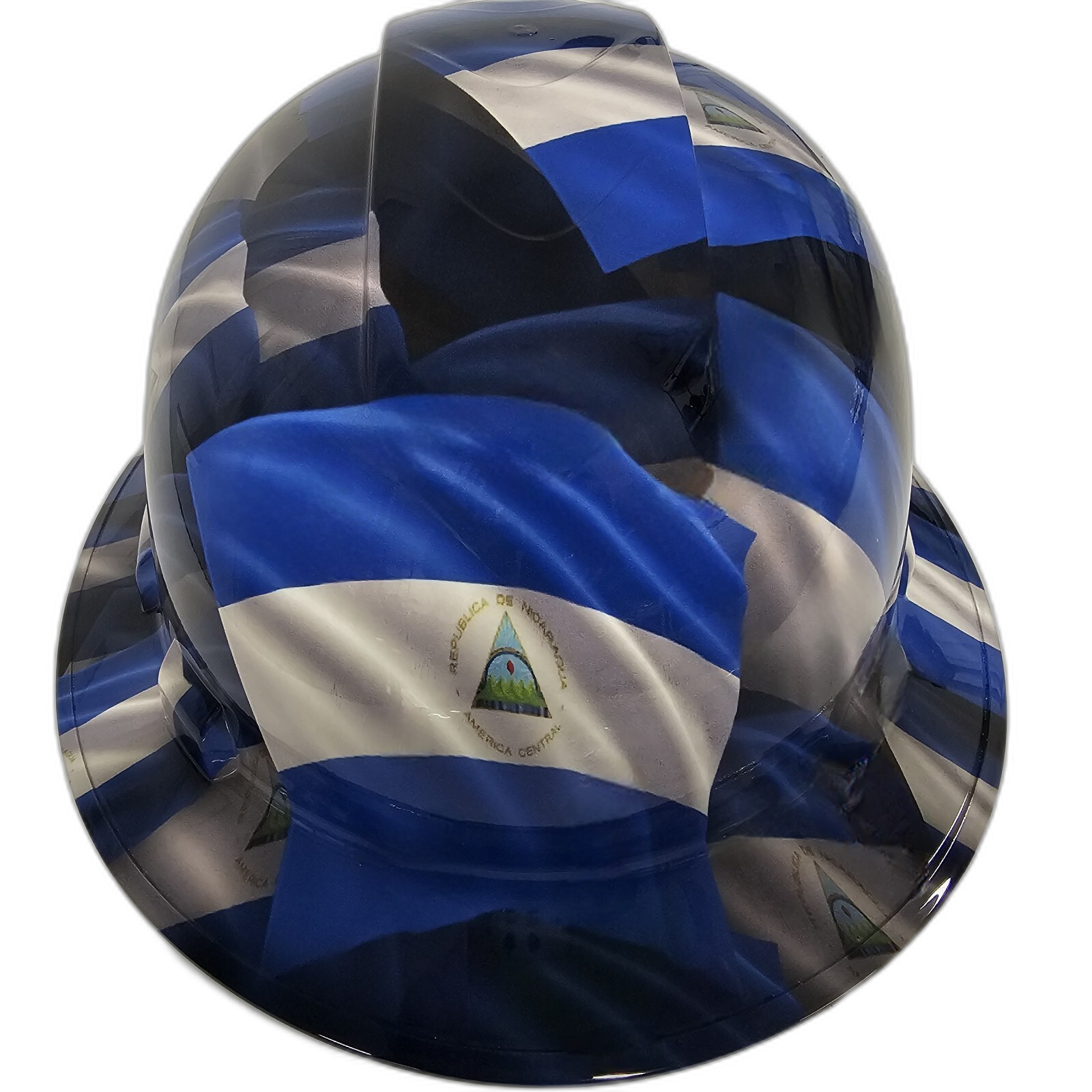 Nicaragua Country Flag Custom Hydro Dipped Full Brim Hard Hat - Front View
