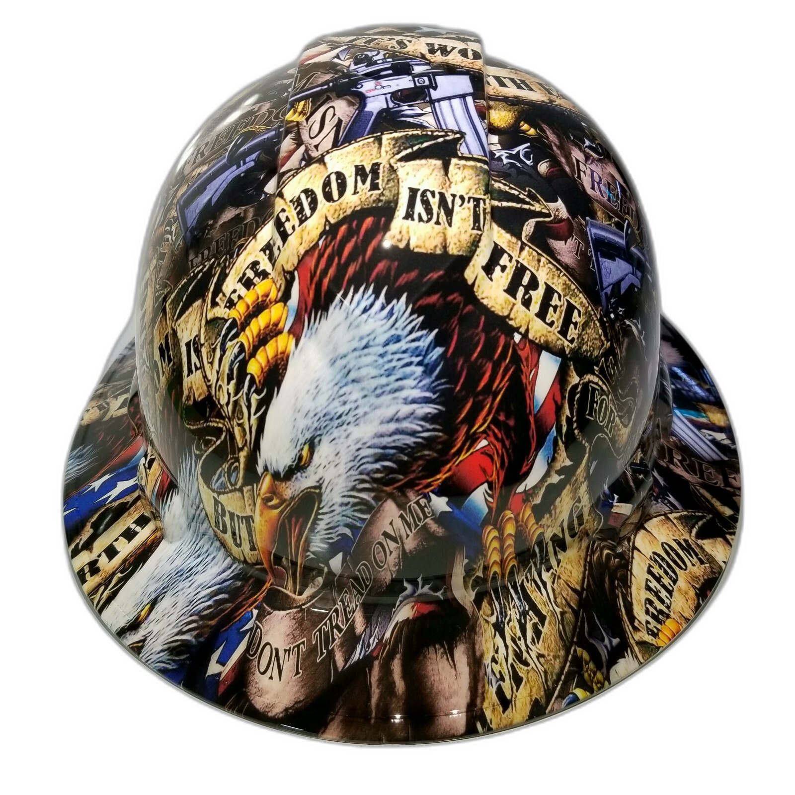 Freedom Isn't Free USA America Custom Hydro Dipped Full Brim Hard Hat - Front View