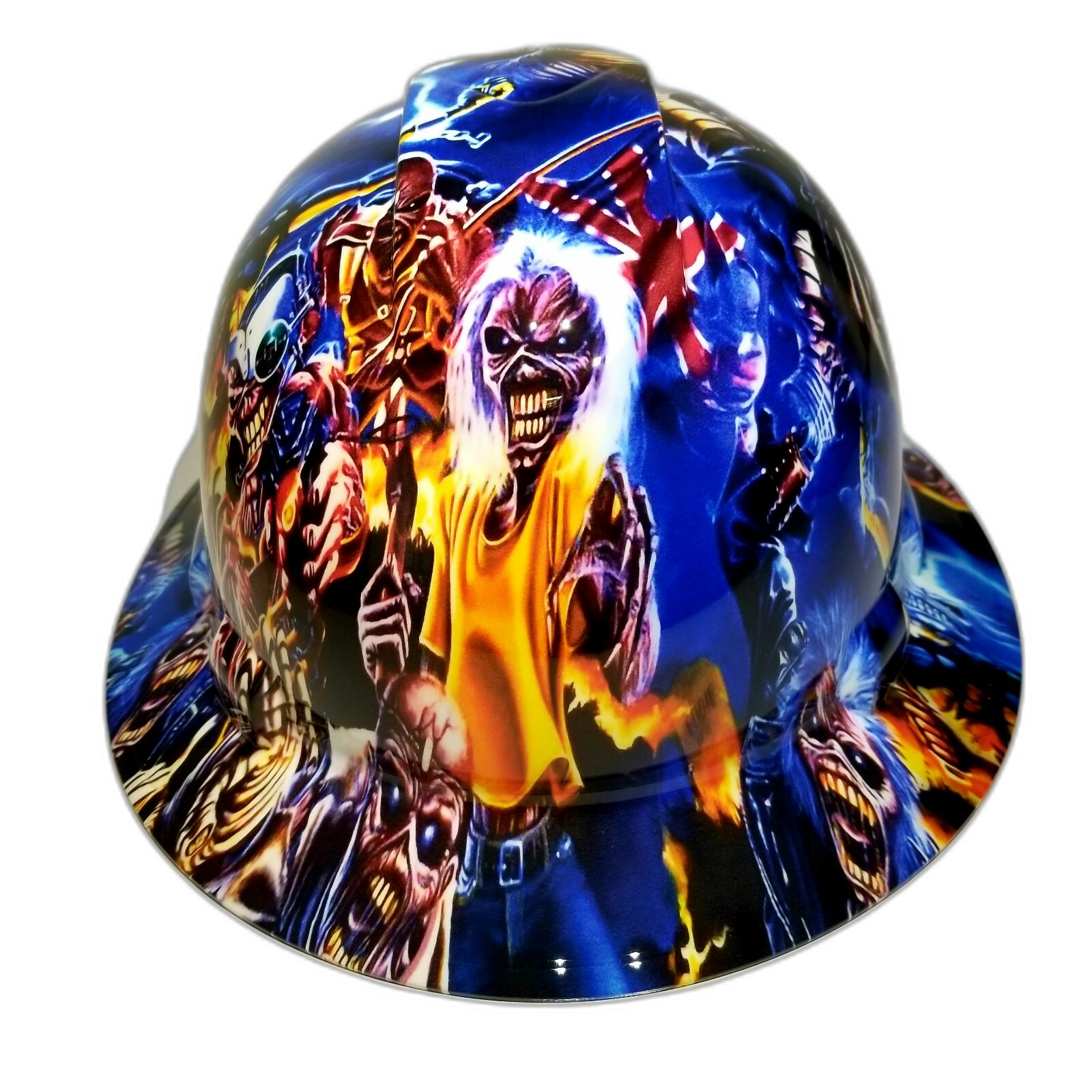 Heavy Metal Mascot Collage Custom Hydro Dipped Full Brim Hard Hat - Front View
