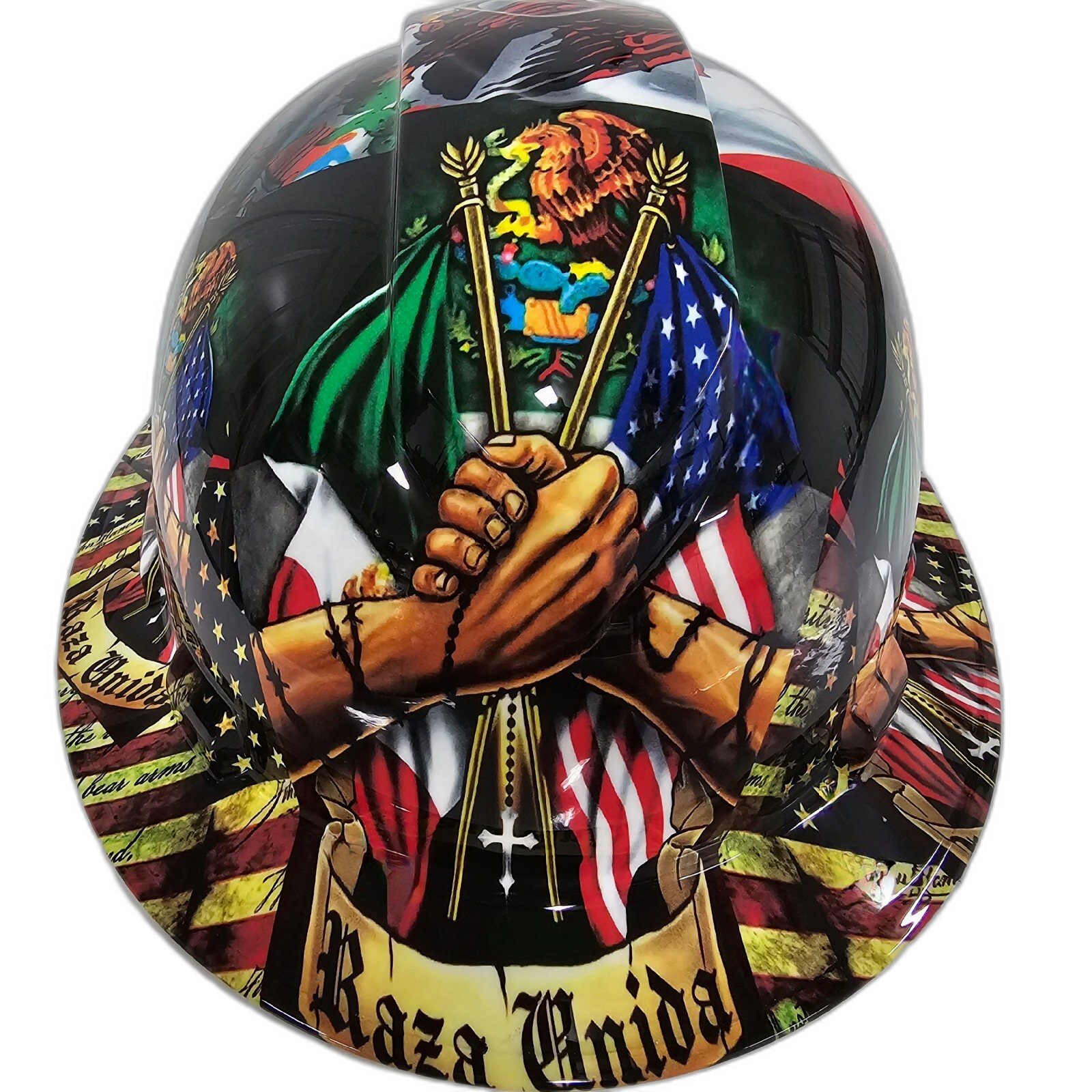 Mexican Roots Raza Unida USA Pride Custom Hydro Dipped Full Brim Hard Hat - Front View