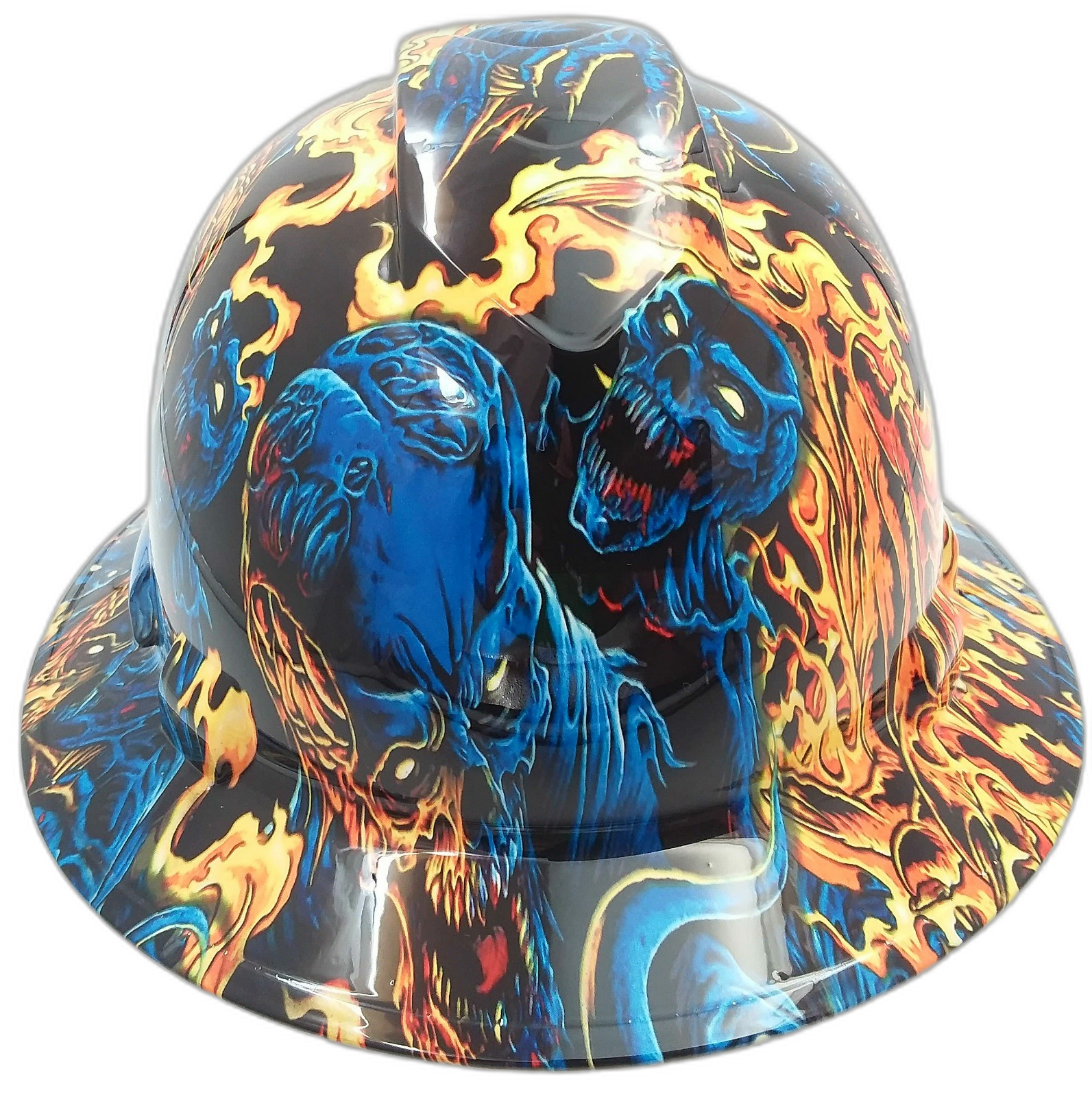 Ice Blue Skull Art Custom Hydro Dipped Full Brim Hard Hat - Front View