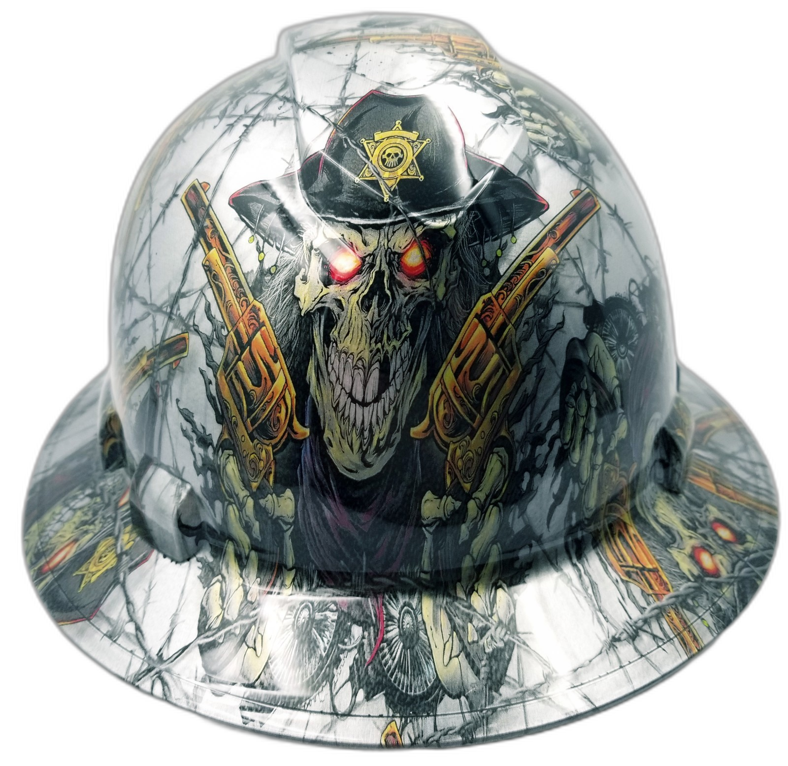 Classic Western Gunslinger Art Custom Hydro Dipped Full Brim Hard Hat - Front View