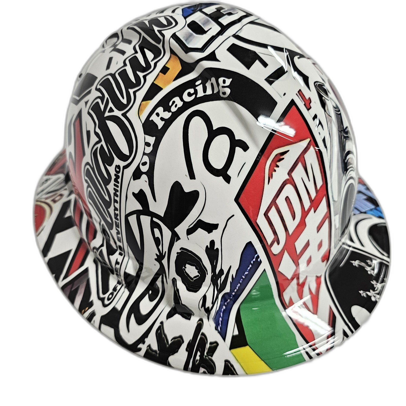 JDM Sticker Bomb Import Drift Missile Custom Hydro Dipped Full Brim Hard Hat - Front View
