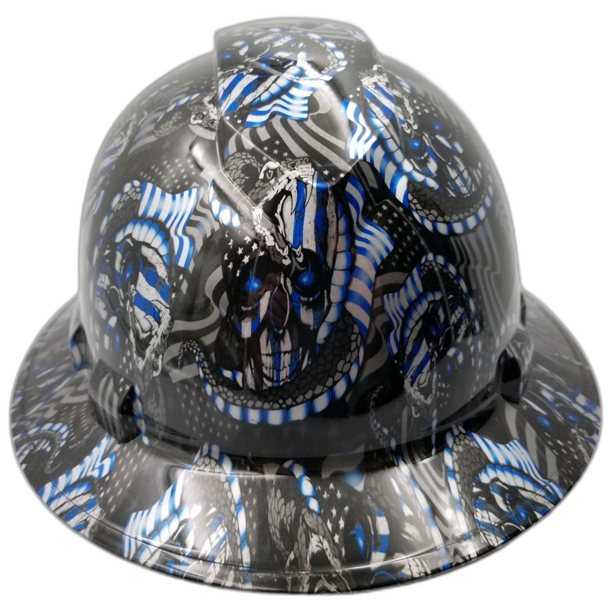 Thin Blue Line USA Flag Custom Hydro Dipped Full Brim Hard Hat - Front View