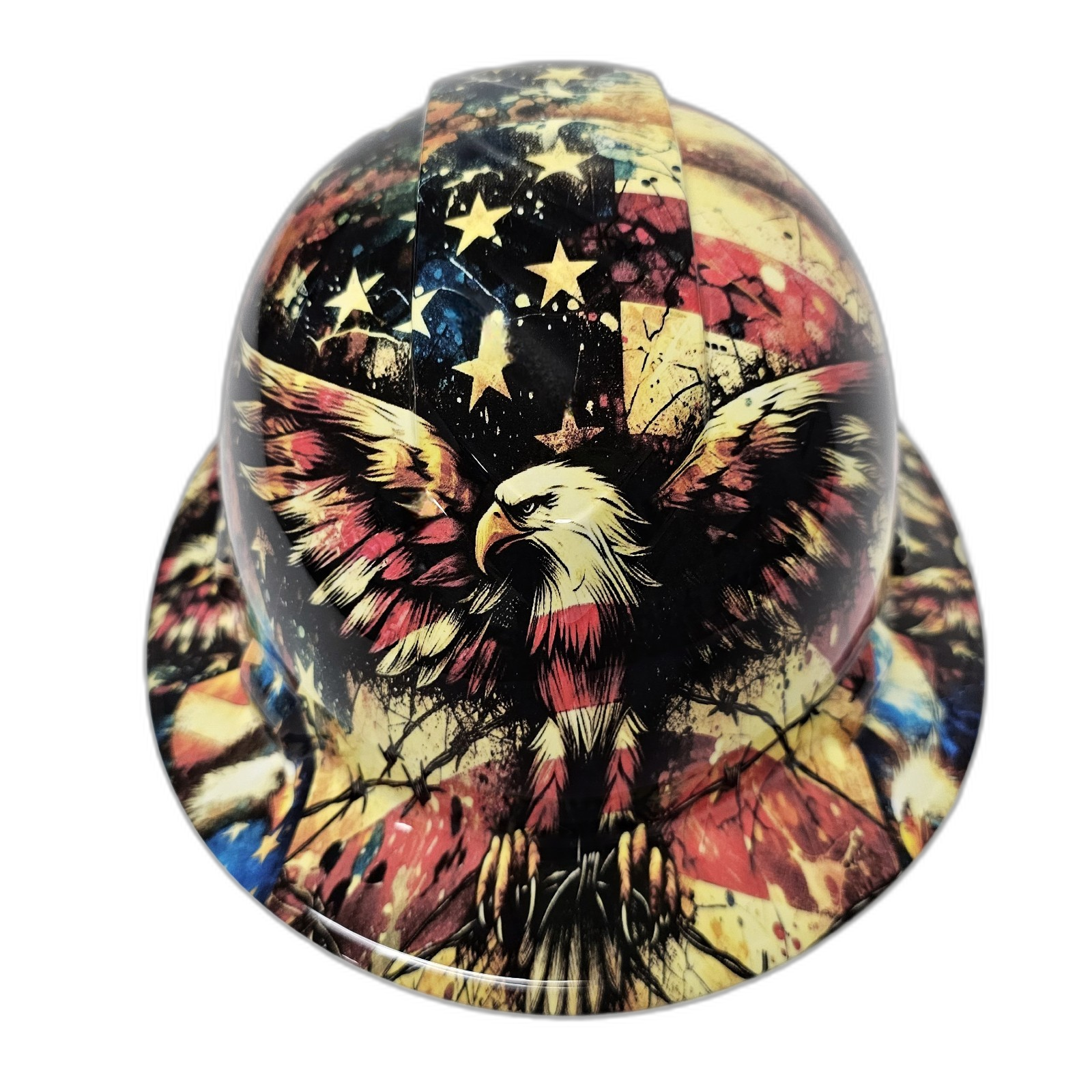 American Eagle Collage Watercolor Custom Hydro Dipped Full Brim Hard Hat - Front View