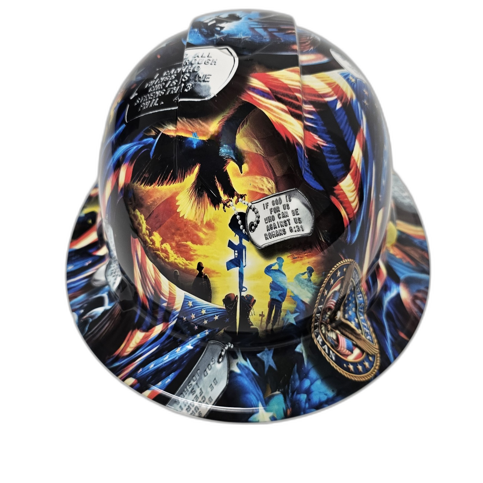 Veterans Memorial Day Salute USA Pride Custom Hydro Dipped Full Brim Hard Hat - Front View