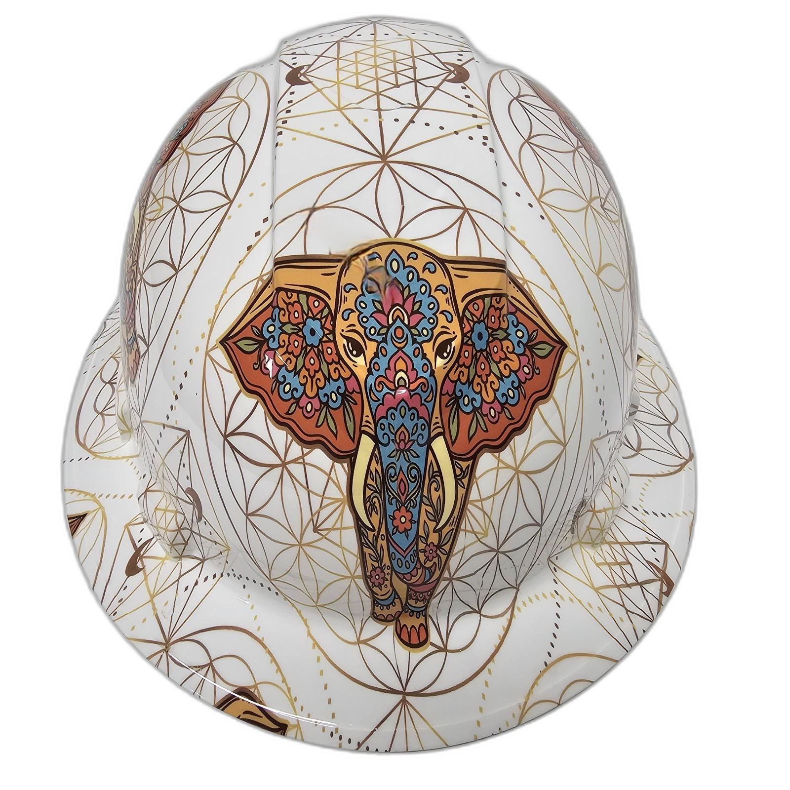 Mosaic Elephant Pattern Custom Hydro Dipped Full Brim Hard Hat - Front View