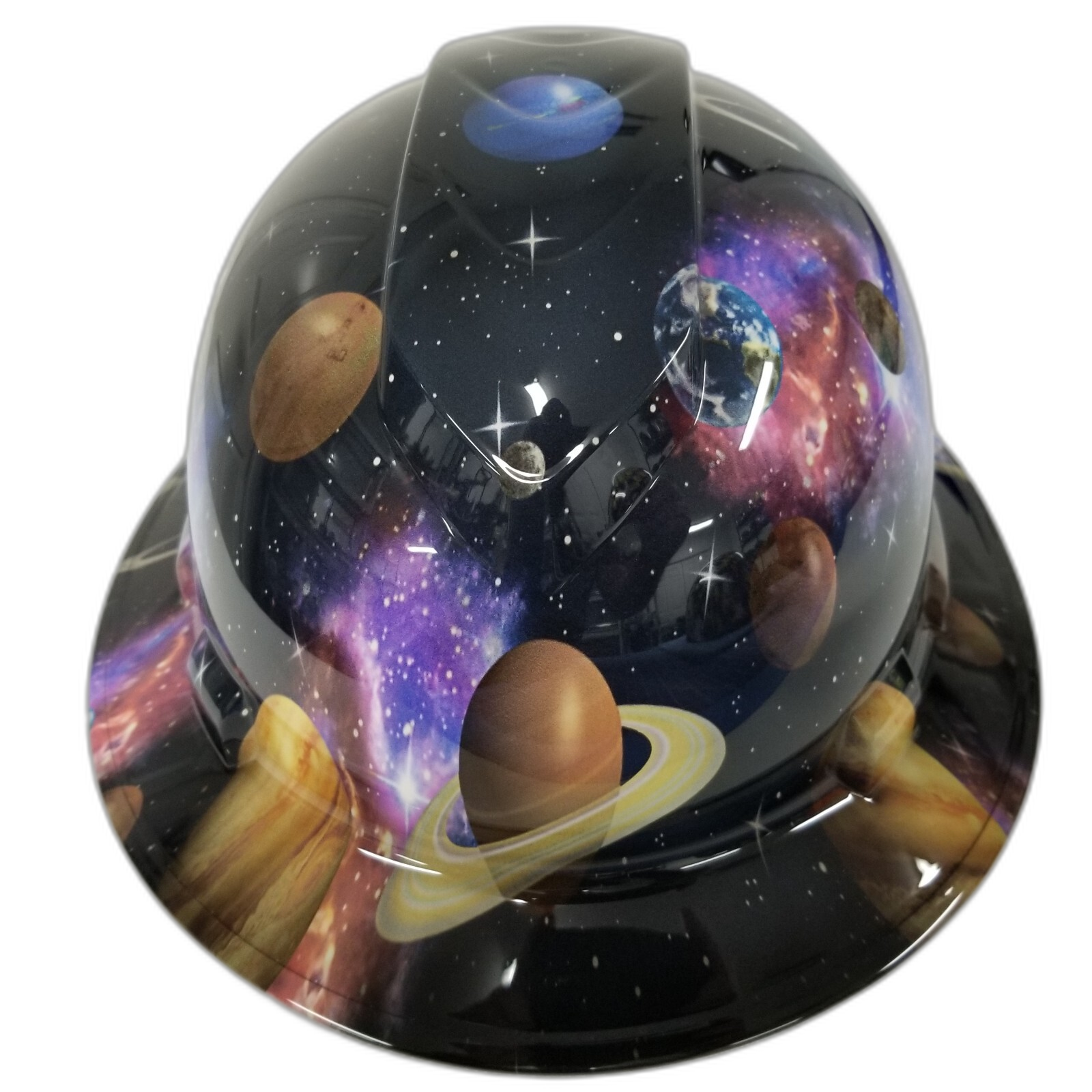 Milky Way Galaxy Planets Custom Hydro Dipped Full Brim Hard Hat - Front View