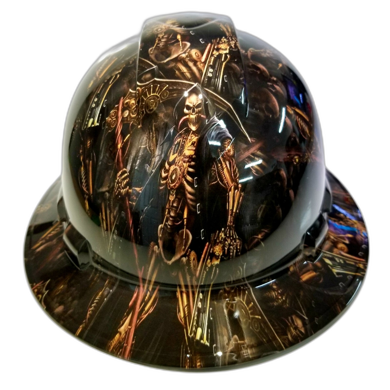 Steampunk Grim Reaper Custom Hydro Dipped Full Brim Hard Hat - Front View