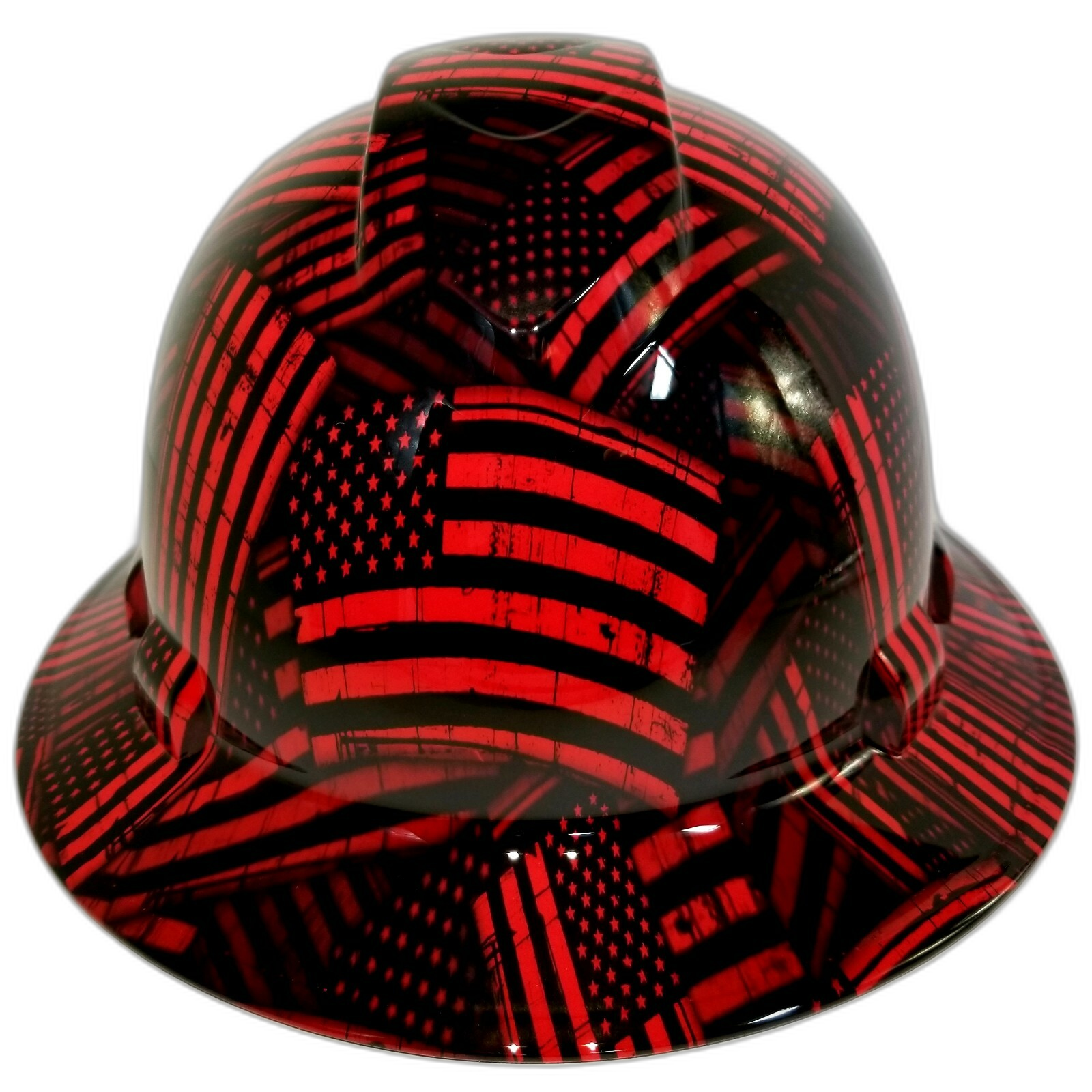 Candy Red USA Flag Firemans Flag Custom Hydro Dipped Full Brim Hard Hat - Front View