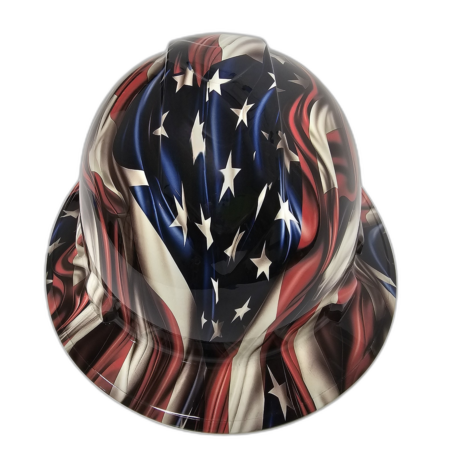 Hi Rez 3D American Flag Waving Custom Hydro Dipped Full Brim Hard Hat - Front View