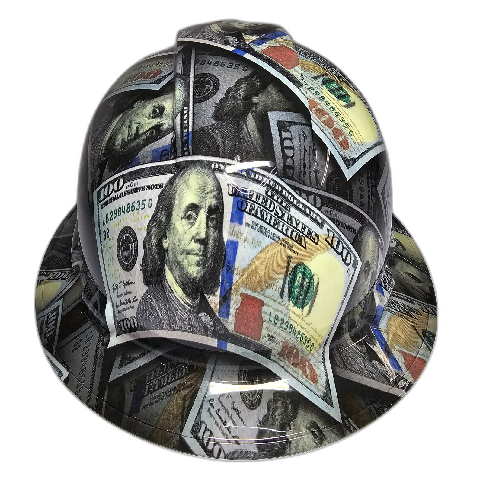 Big Money Grip Benjamin's 100's Custom Hydro Dipped Full Brim Hard Hat - Front View