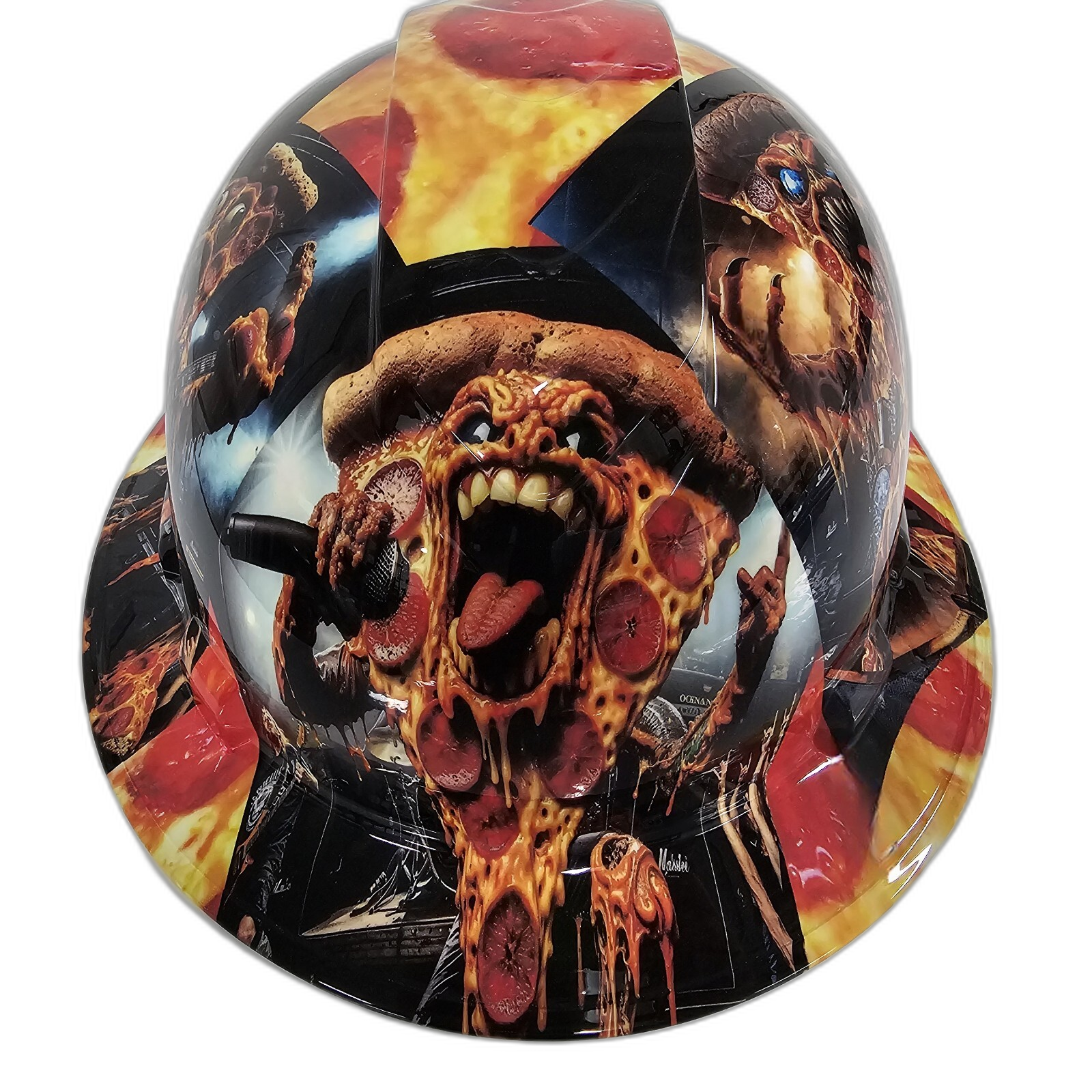 Pepperoni Pizza And The Cheesest Band Custom Hydro Dipped Full Brim Hard Hat - Front View