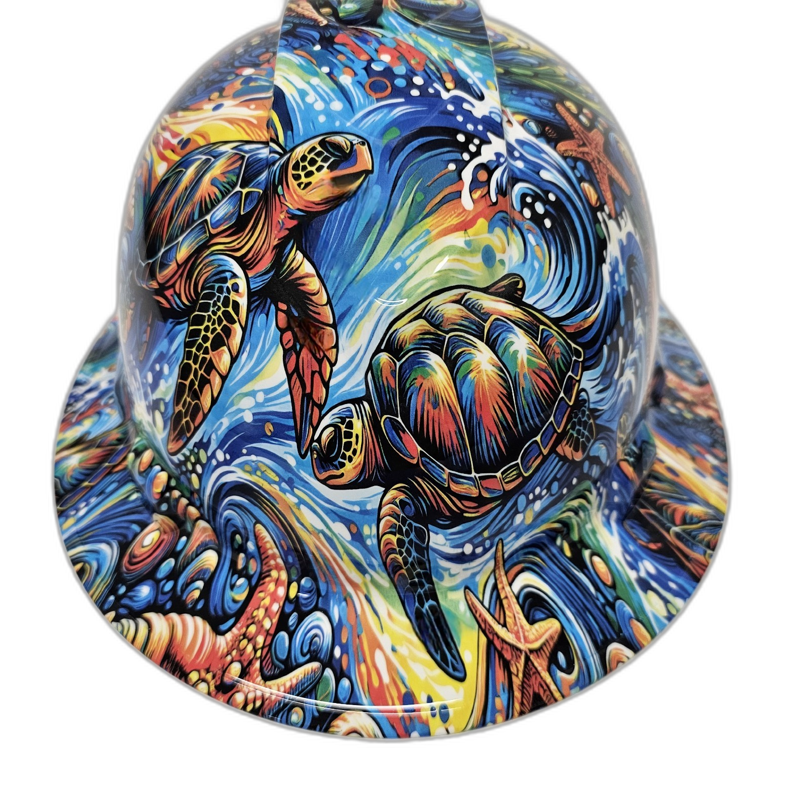 Underwater Sea Turtles Ocean Color Custom Hydro Dipped Full Brim Hard Hat - Front View