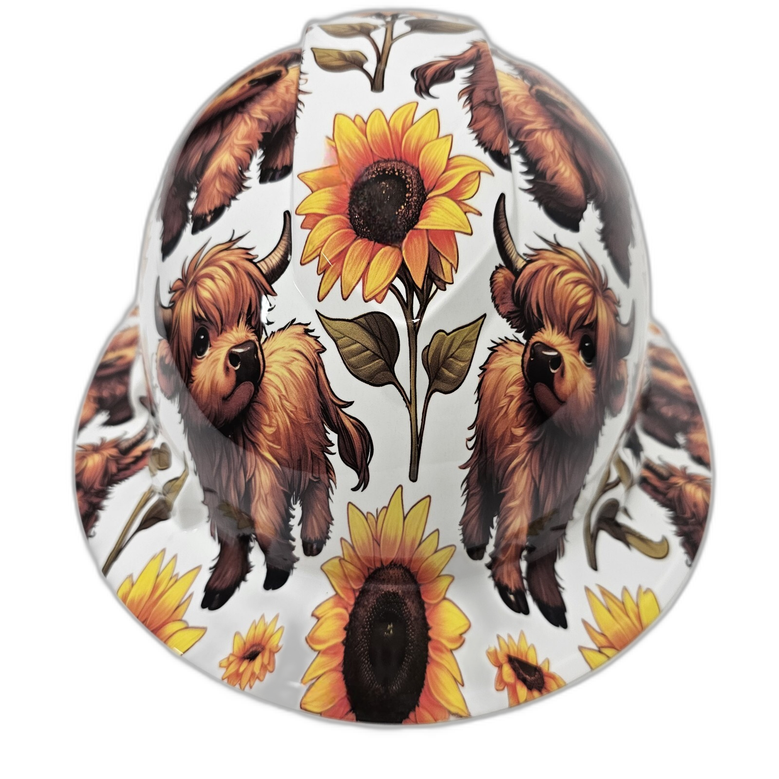 Highland Cows Sunflower Fields Custom Hydro Dipped Full Brim Hard Hat - Front View