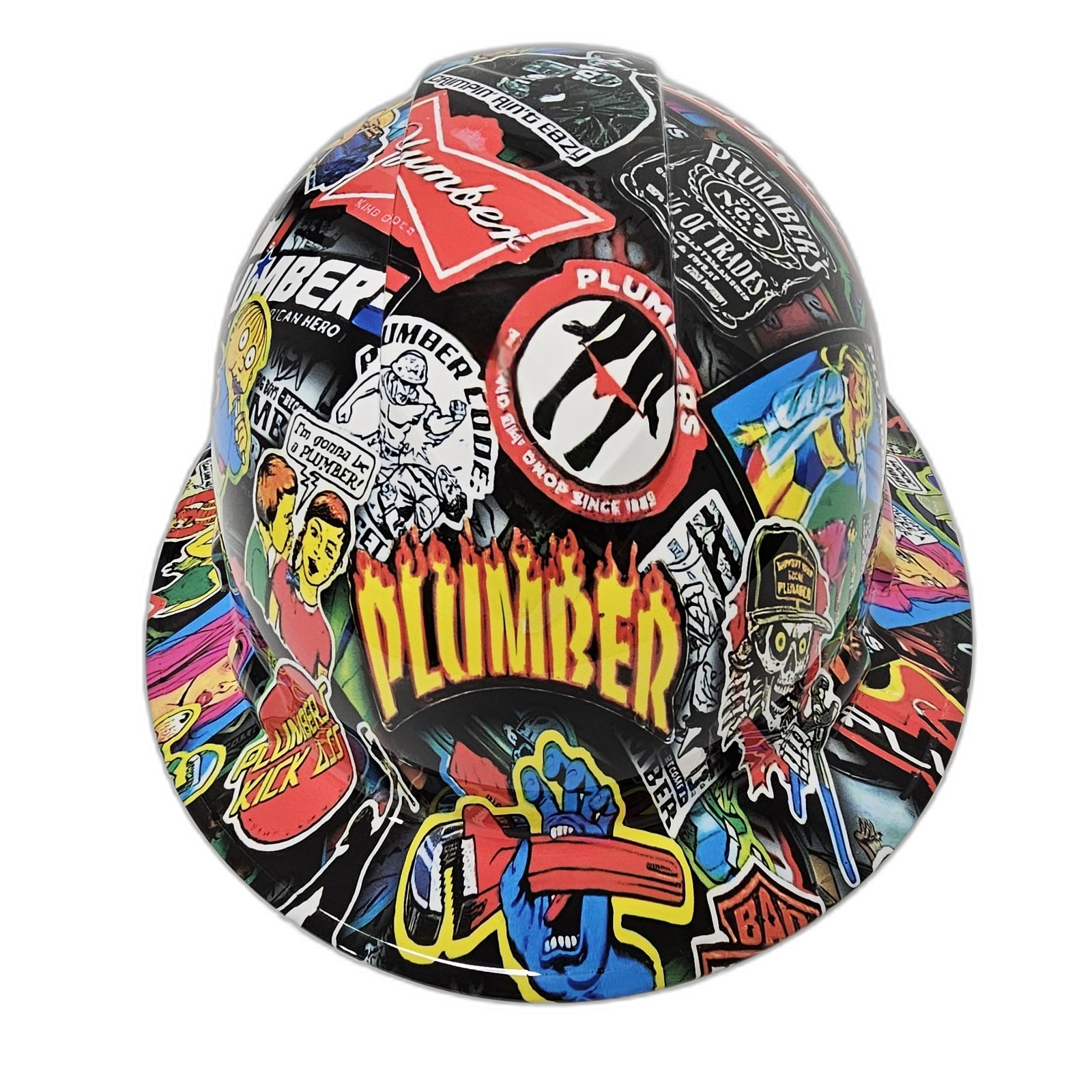 Plumbers Sticker Bomb Custom Hydro Dipped Full Brim Hard Hat - Front View