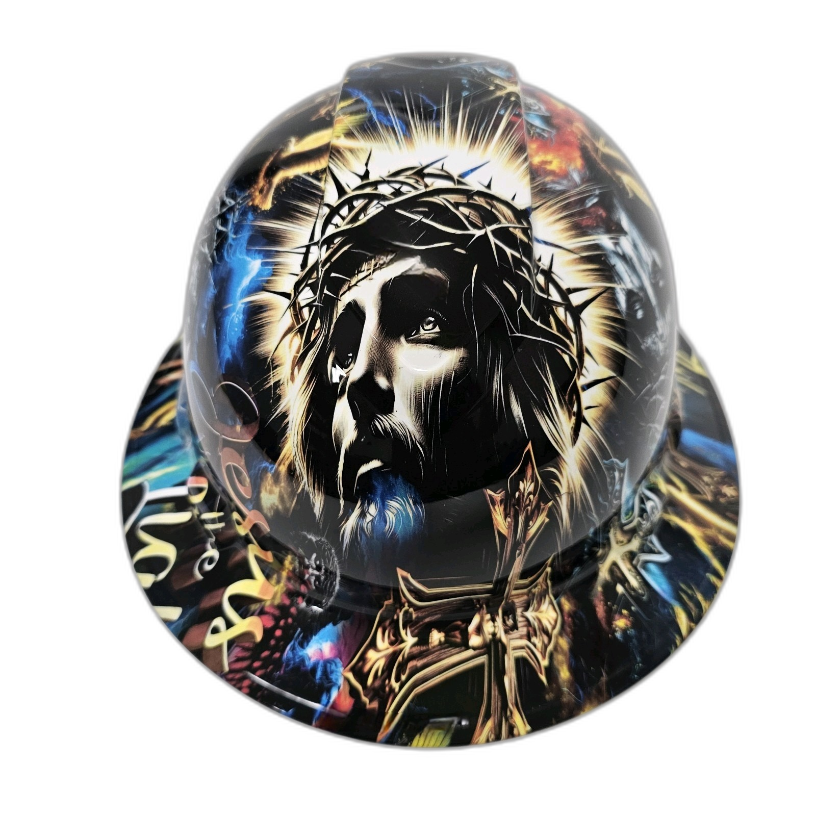 Jesus Light Of The World Full Color Nice Custom Hydro Dipped Full Brim Hard Hat - Front View