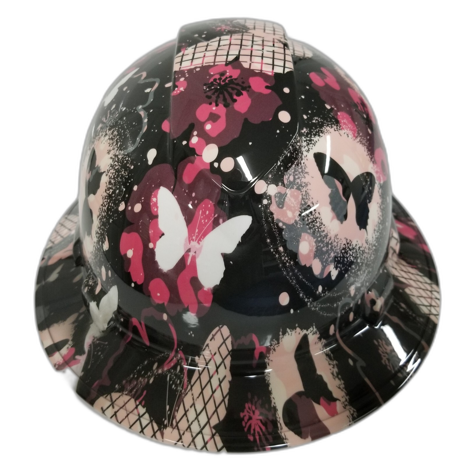 Pink Abstract Butterflies Custom Hydro Dipped Full Brim Hard Hat - Front View