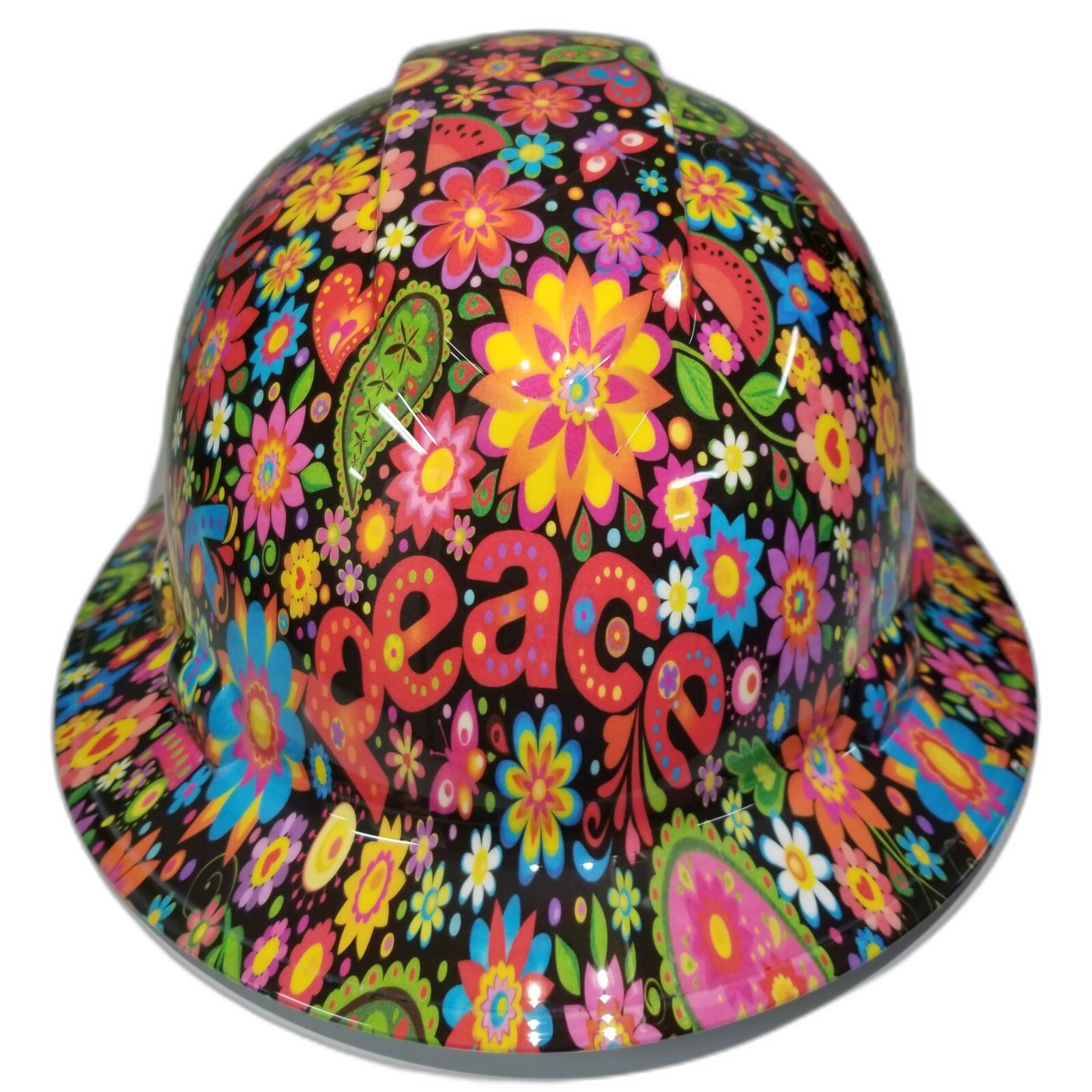 Peace And Love Flowers Custom Hydro Dipped Full Brim Hard Hat - Front View