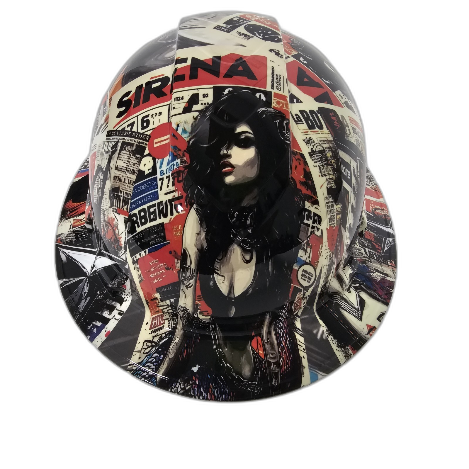 Sirena Pop Art Big Cock Collage Custom Hydro Dipped Full Brim Hard Hat - Front View
