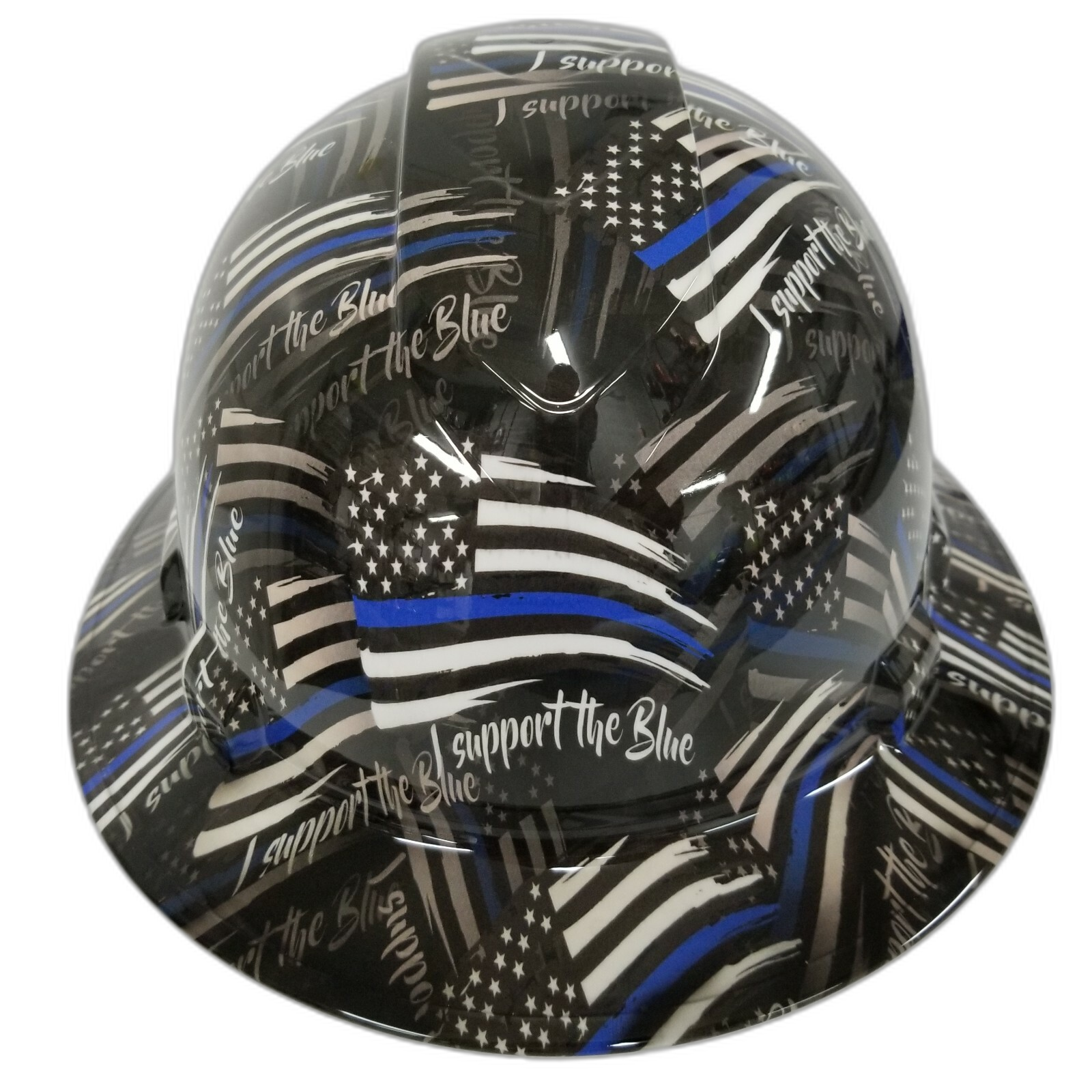 Support The Blue Thin Blue Line Custom Hydro Dipped Full Brim Hard Hat - Front View