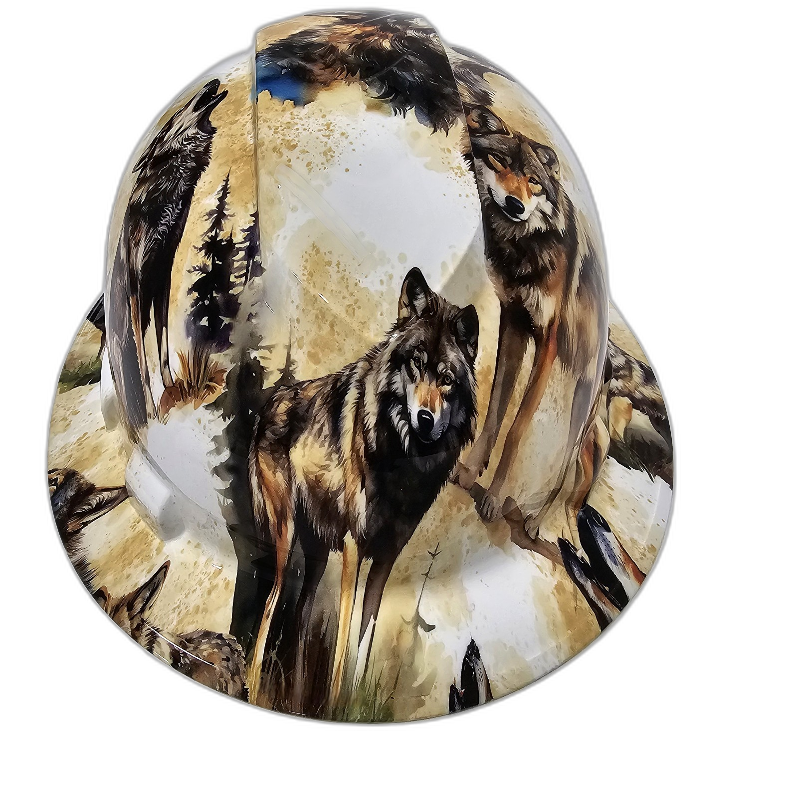 Wolves Of Nature Wolf Coyote Custom Hydro Dipped Full Brim Hard Hat - Front View