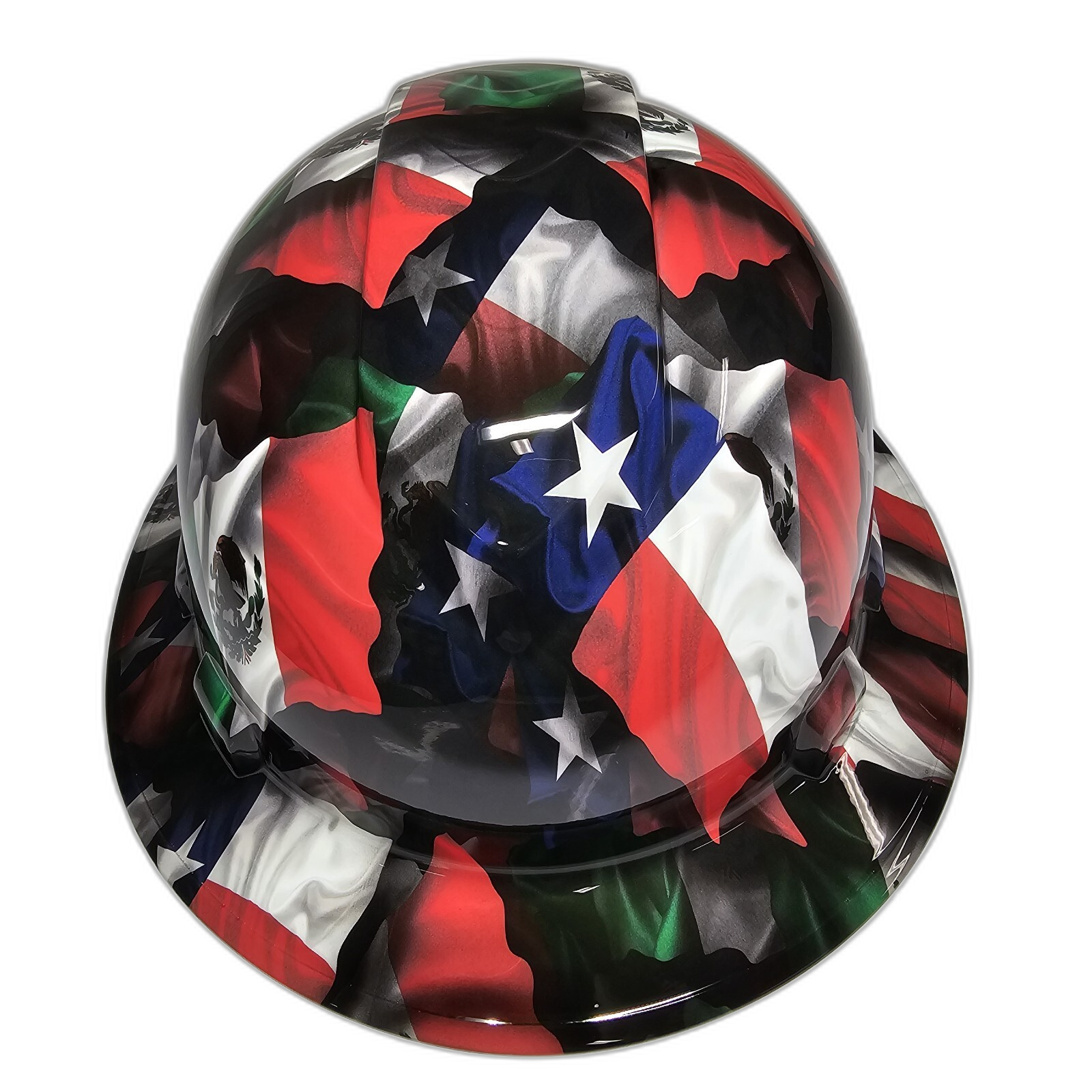 Mexican Roots Texas Pride USA Custom Hydro Dipped Full Brim Hard Hat - Front View