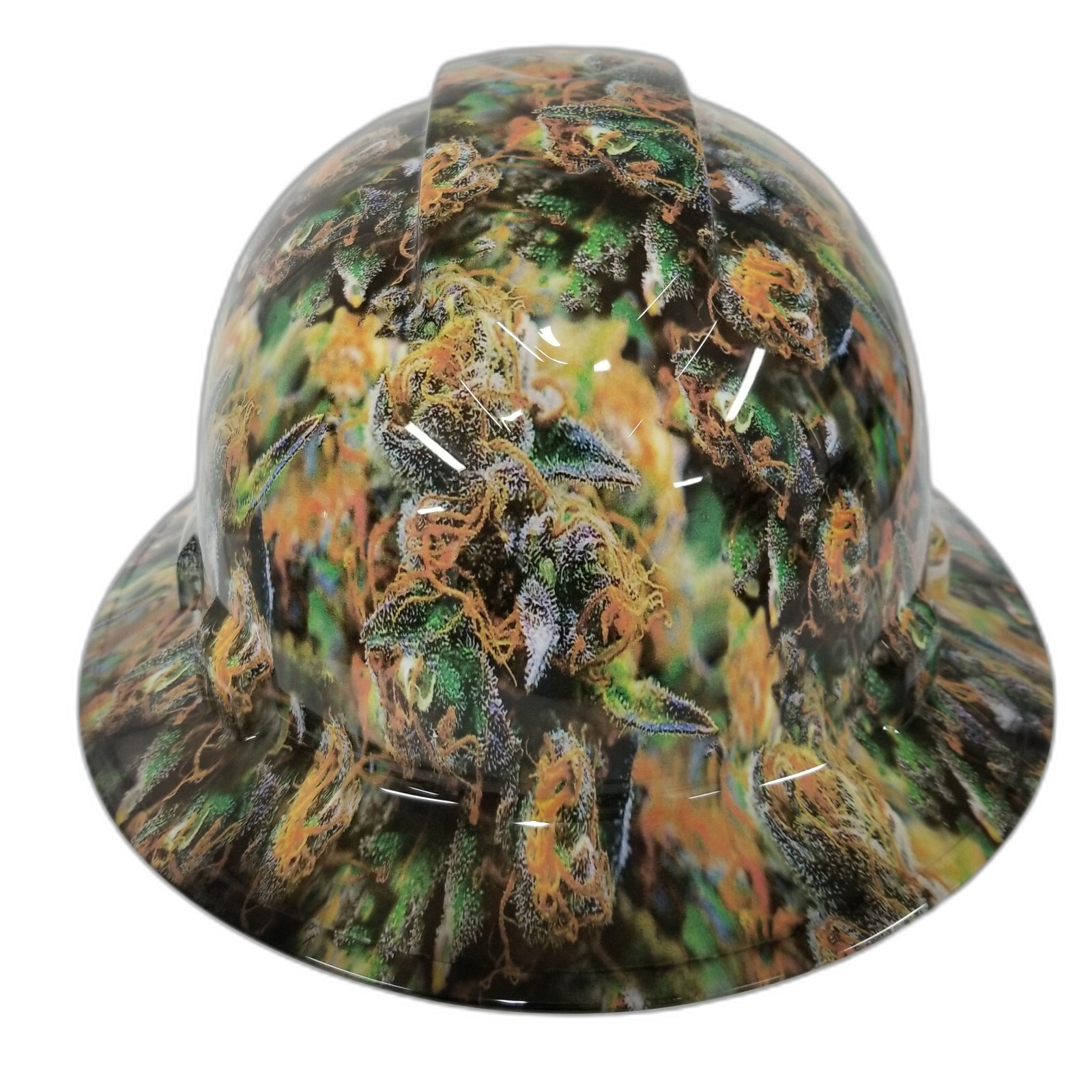 420 WEED HEAD realistic kush Custom Hydro Dipped Full Brim Hard Hat - Front View