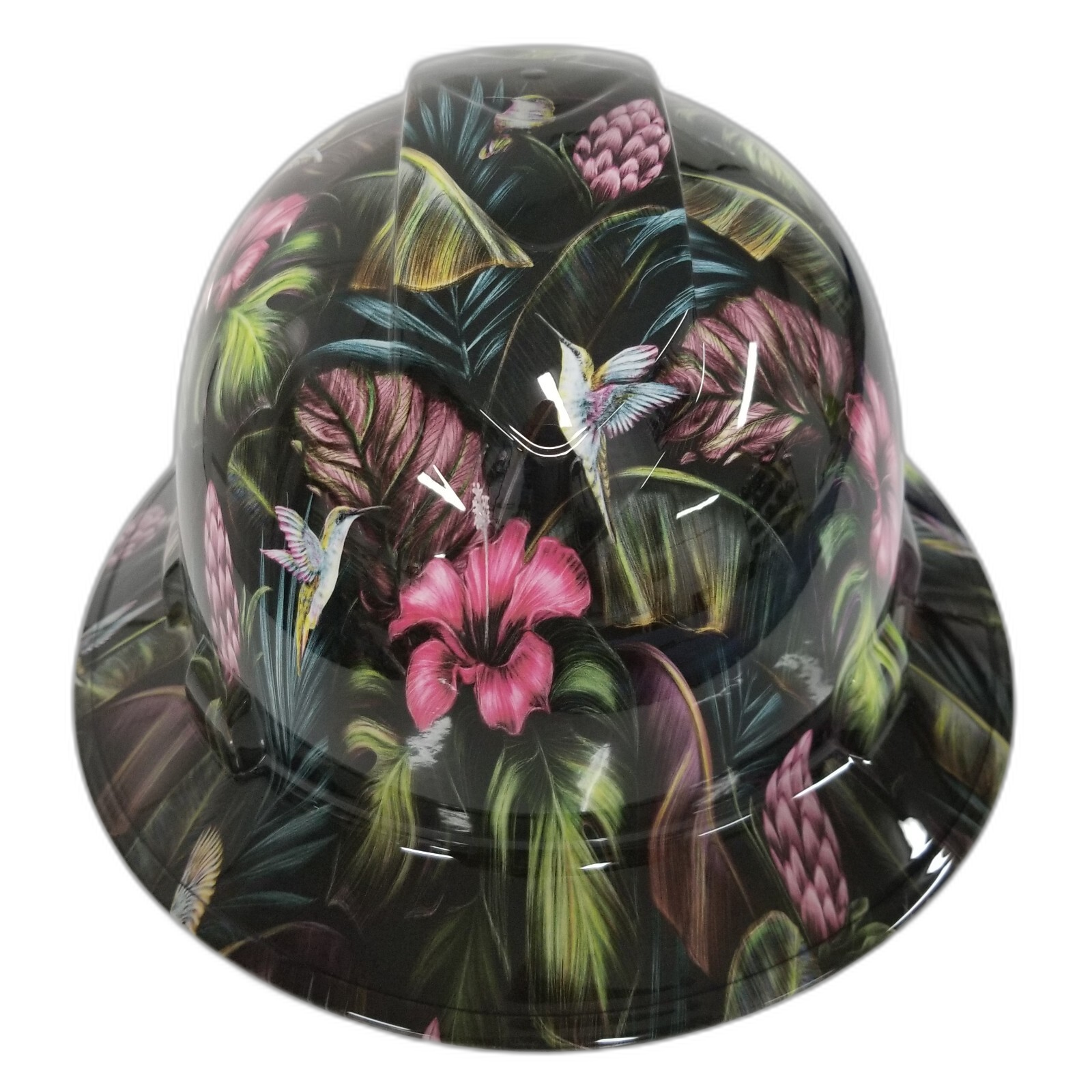 Hummingbird Paradise Flowers Custom Hydro Dipped Full Brim Hard Hat - Front View