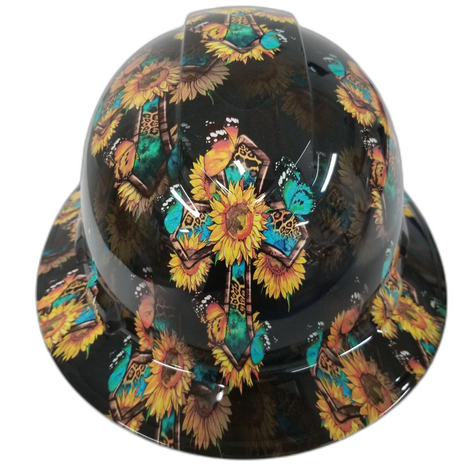 Sunflower Cross With Butterflies Custom Hydro Dipped Full Brim Hard Hat - Front View