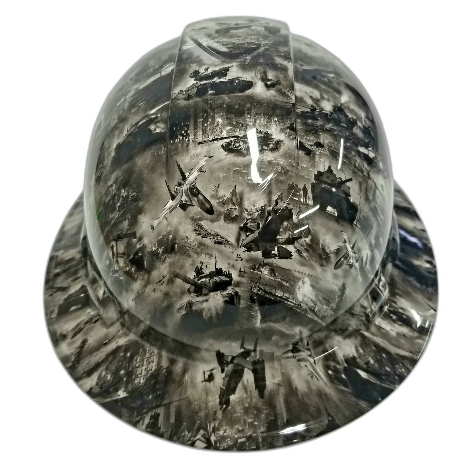 War Machine Camo Tanks Planes Ships Custom Hydro Dipped Full Brim Hard Hat - Front View
