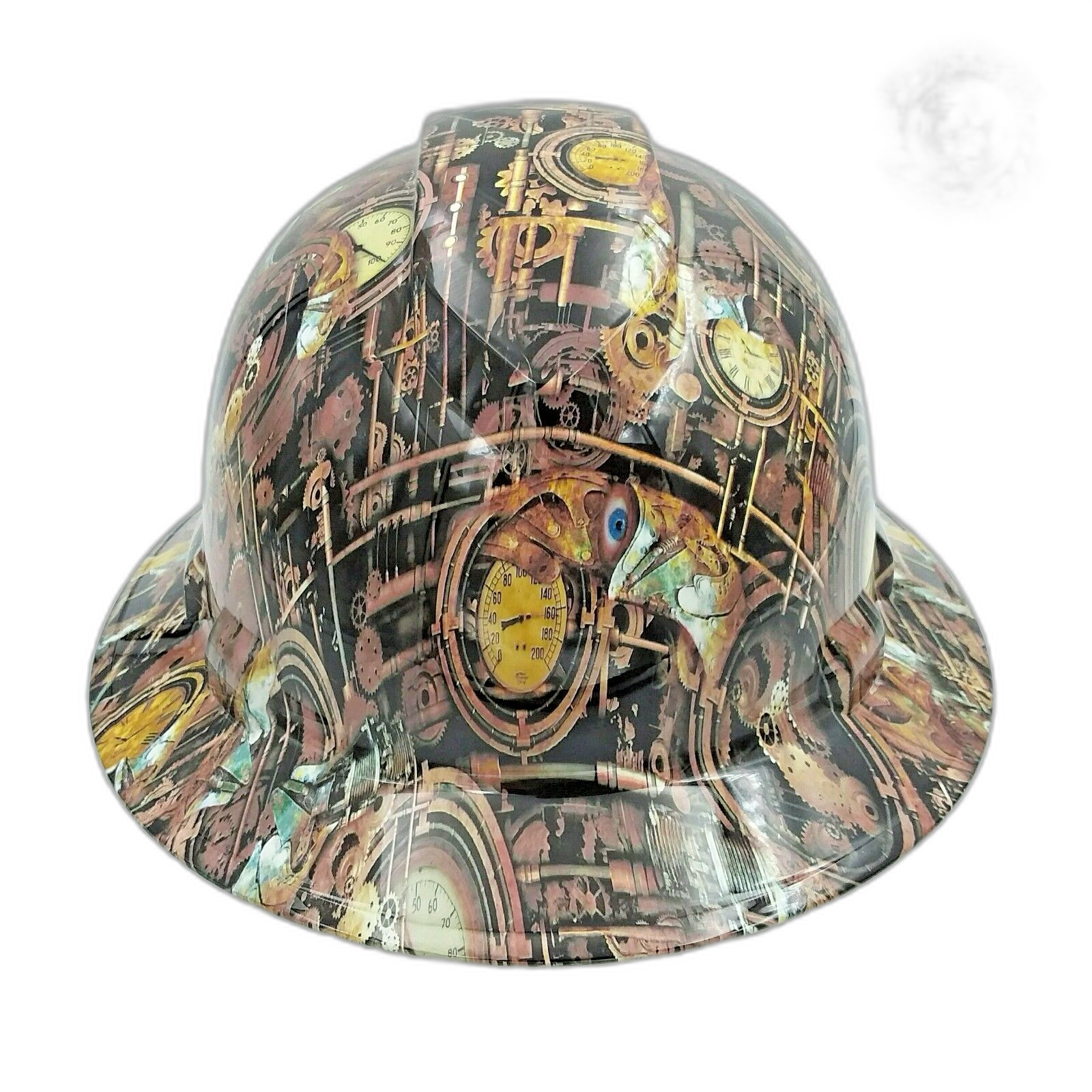 Steam Punk Engineering Camo Custom Hydro Dipped Full Brim Hard Hat - Front View