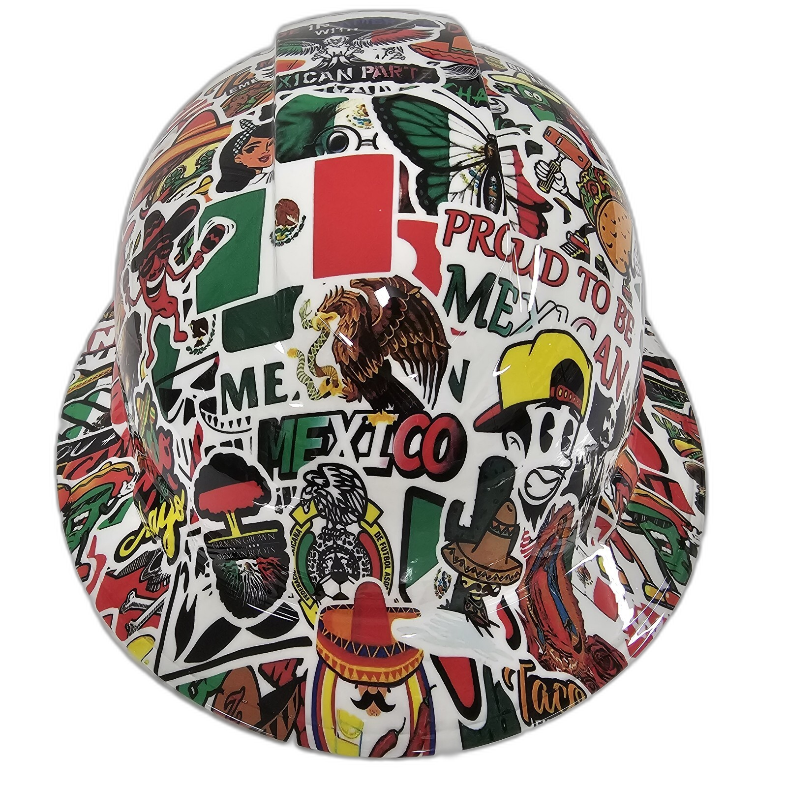 Mexican Sticker Bomb Cinco De Mayo Custom Hydro Dipped Full Brim Hard Hat - Front View