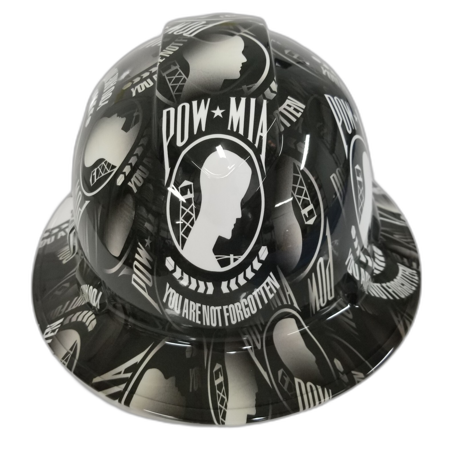 Pow/Mia You Are Not Forgotten USA Custom Hydro Dipped Full Brim Hard Hat - Front View