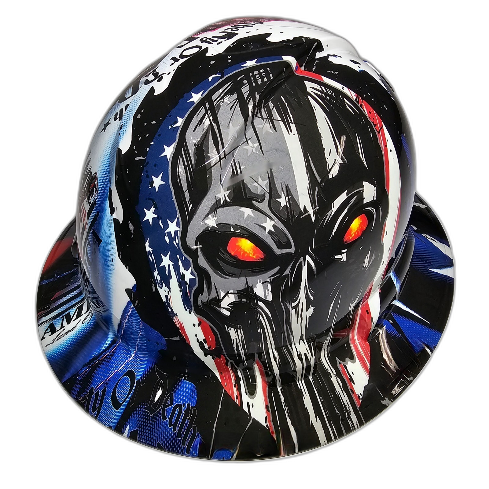 Liberty Or Death American Punisher USA Custom Hydro Dipped Full Brim Hard Hat - Front View